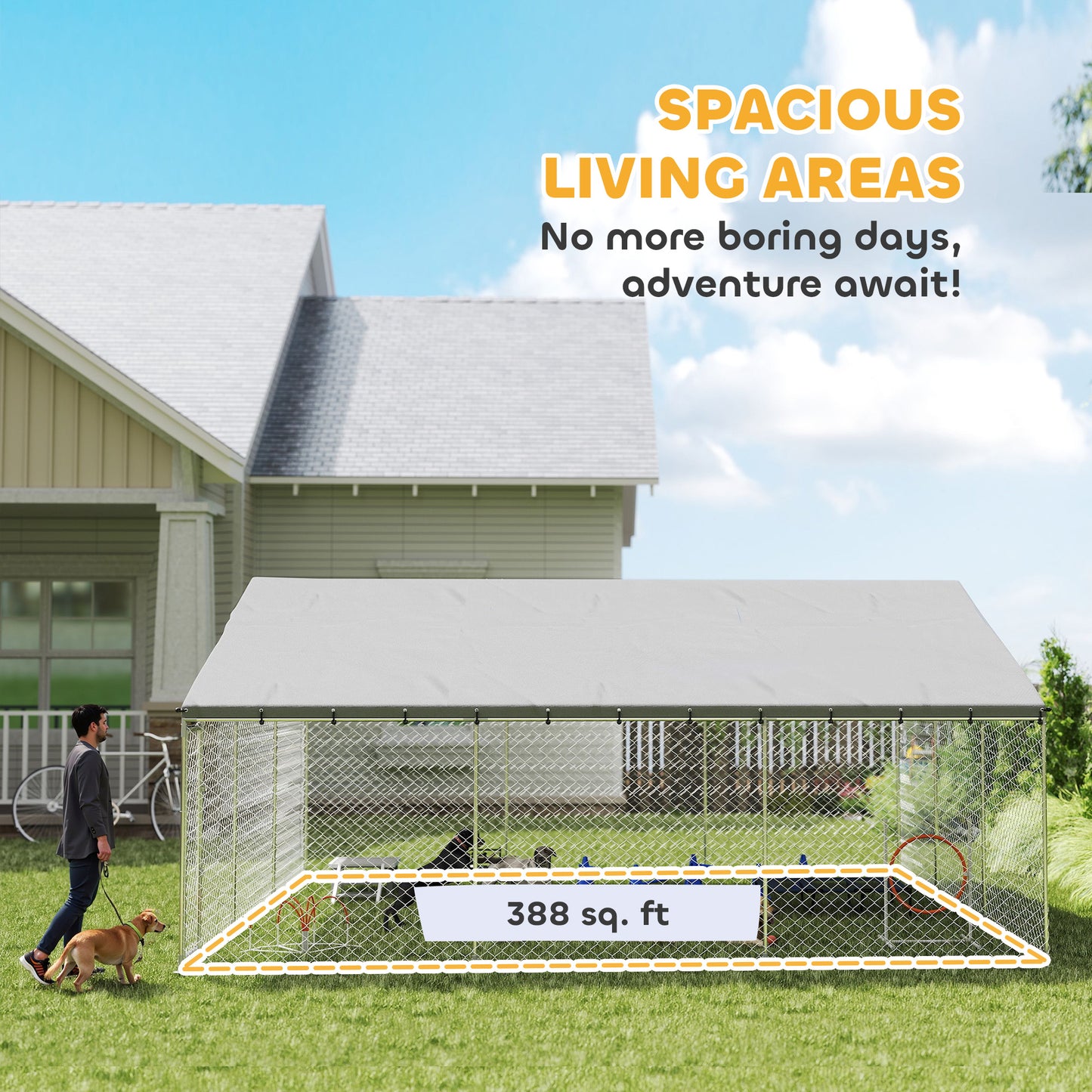 Heavy Duty Outdoor Dog Kennel with Waterproof Roof & Secure Latch - Large Chain Link Run