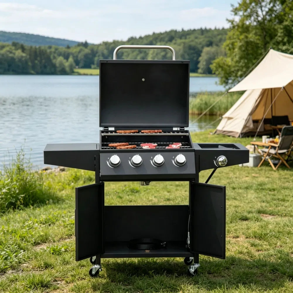 Portable Charcoal Grill with 4-Burner Cooking Area