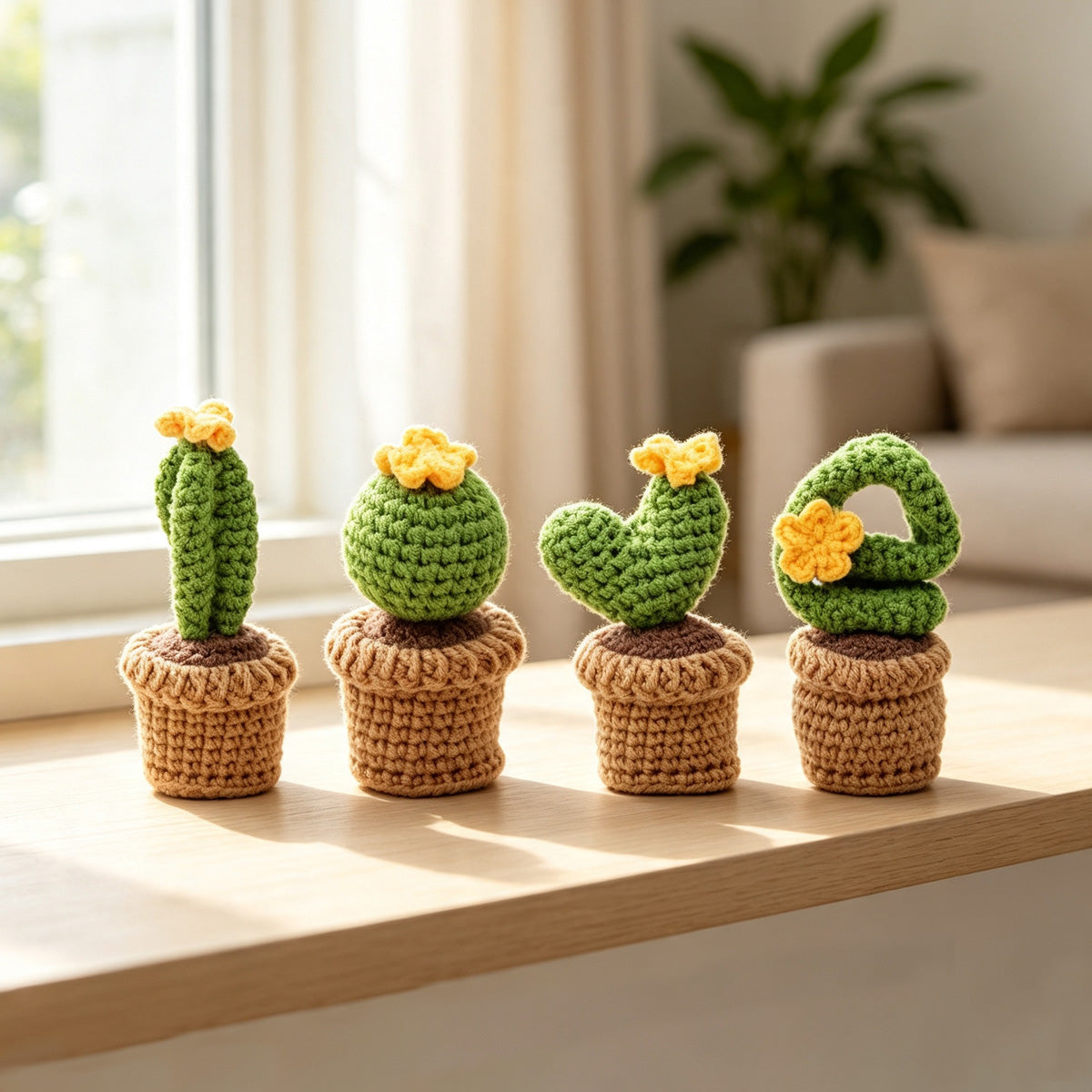 Handmade Crochet Love-Shaped Cactus Ornament Set Indoor Home Decor