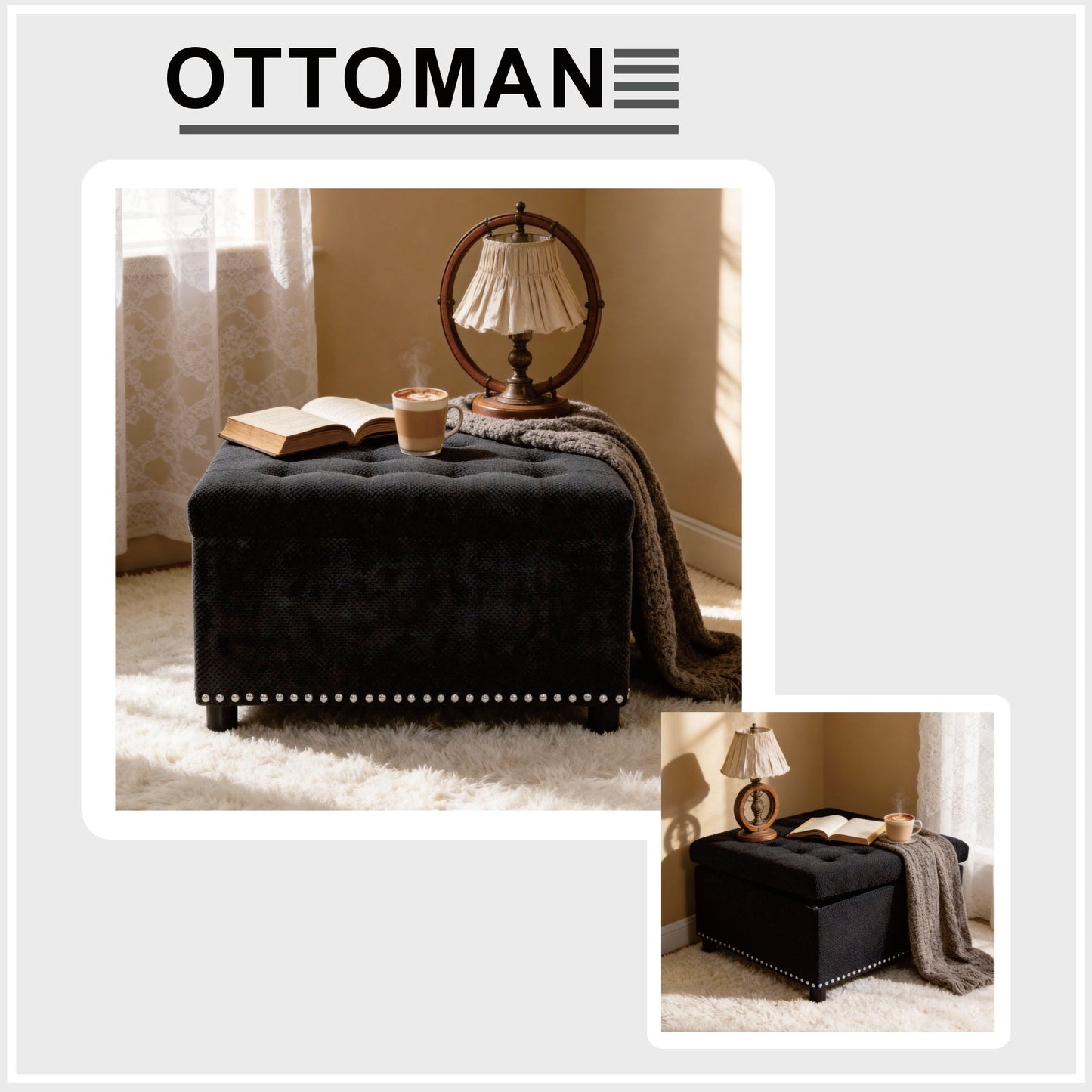 Tufted Black Storage Ottoman with Nailhead Trim - Square Bench
