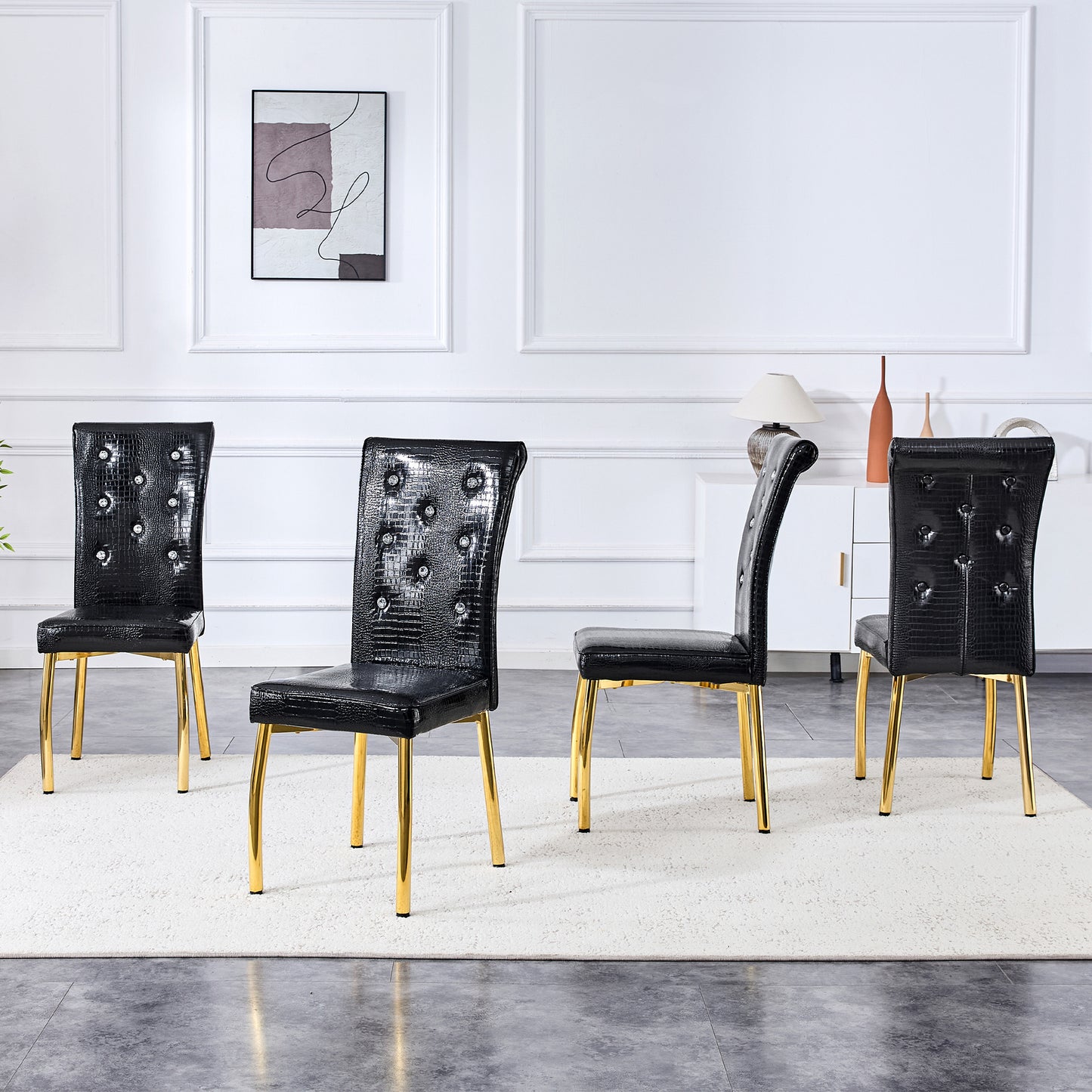 Set of 4 Retro Alligator Skin Dining Chairs with Crystal Buckle - Black & Gold