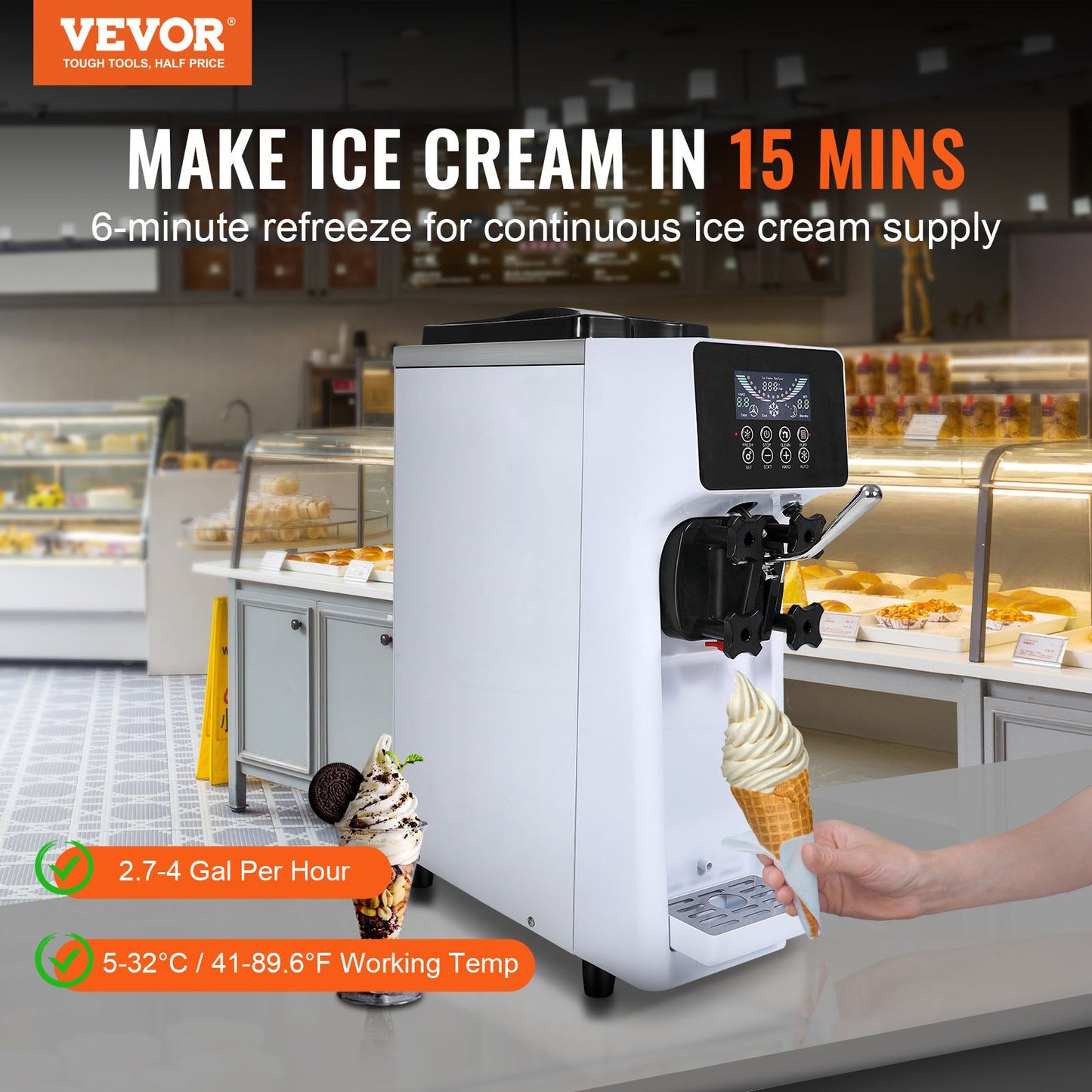Commercial Ice Cream Maker 10.6 QT/H 1000W Countertop Soft Serve Machine with LCD