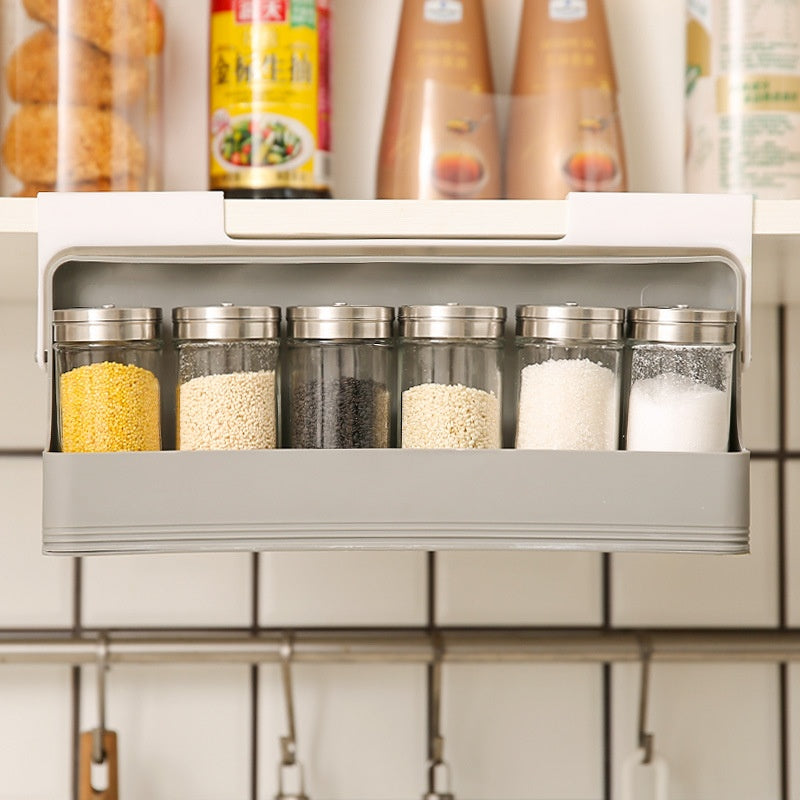 Hanging Kitchen Storage Rack with 6 Seasoning Bottles - Gray