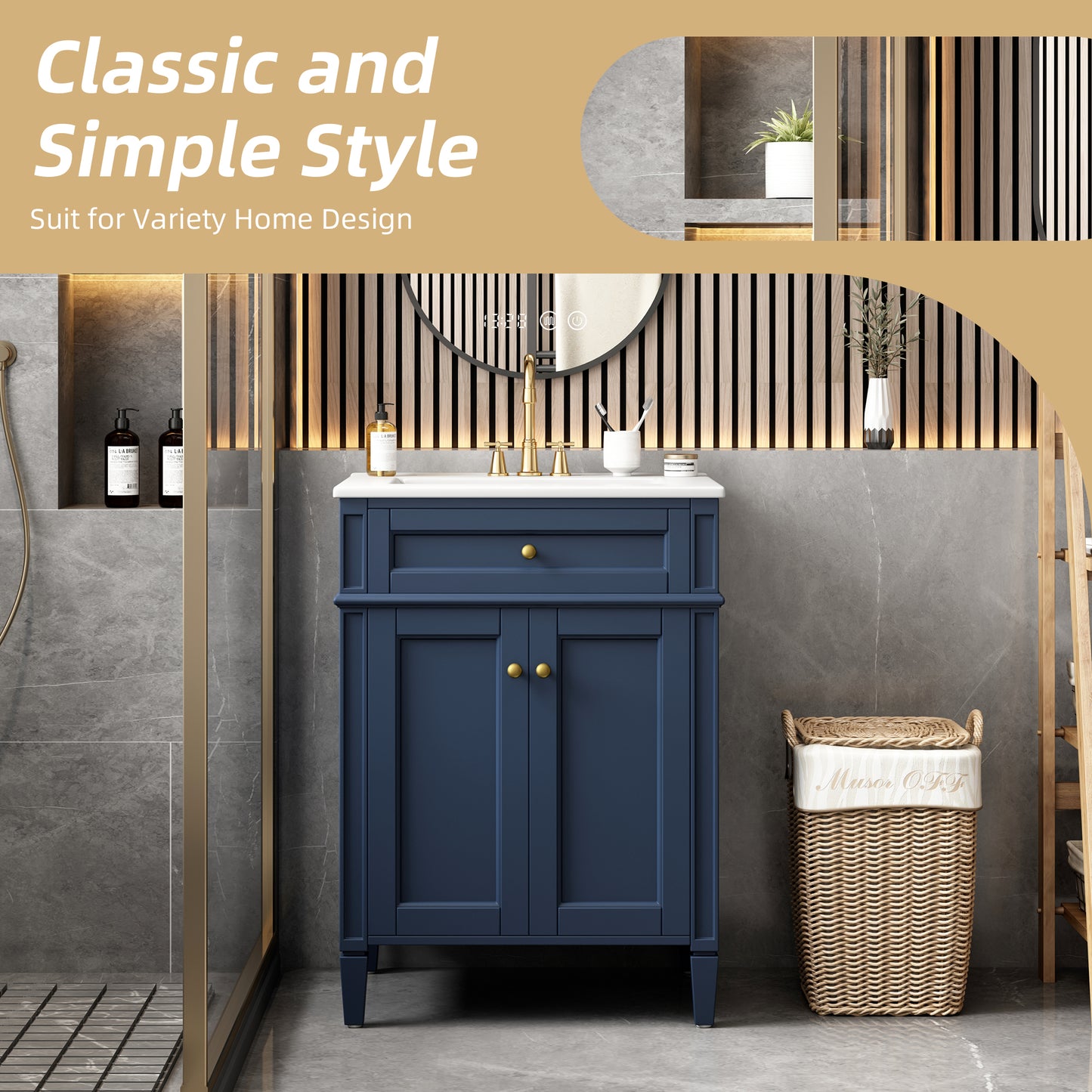 24" Blue Bathroom Vanity with Soft-Close Doors & Storage Drawer