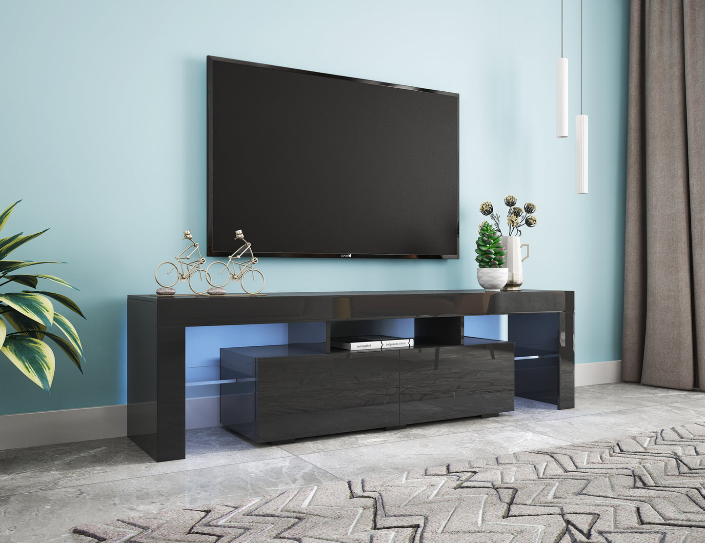 Modern Black TV Stand with LED Lights & Remote Control - 63"