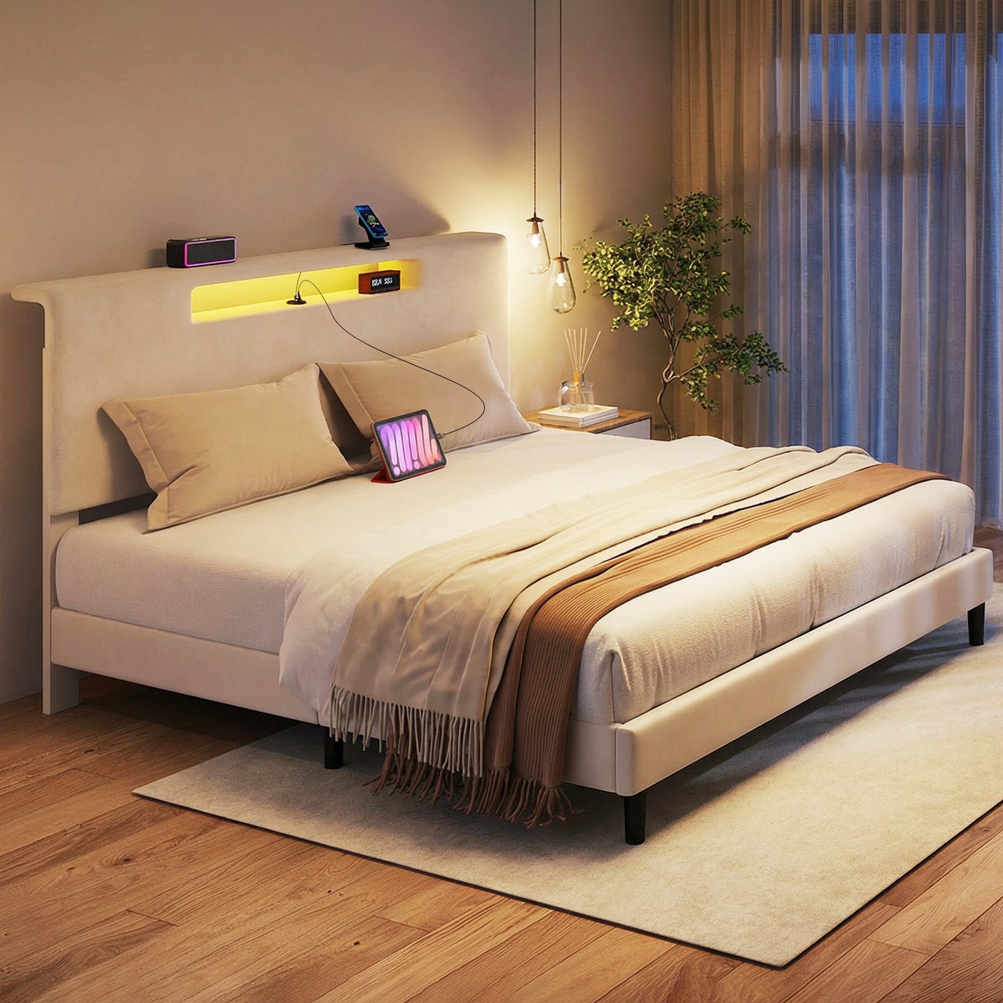 King Size Bed Frame Upholstered High Headboard Mattress Foundation