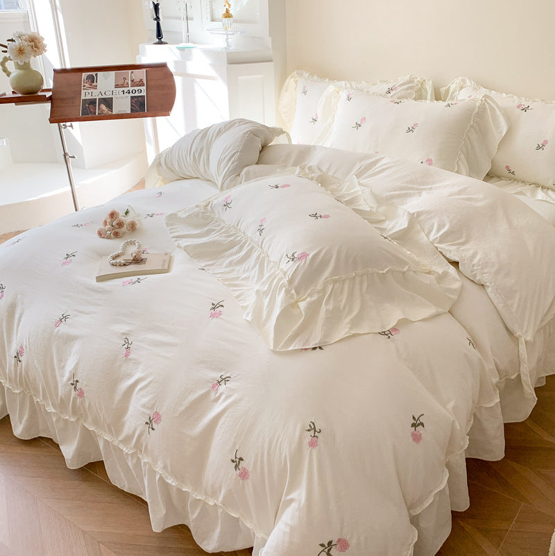 Embroidery Bedding Set with Washed Cotton and Brushed Hair - Four Piece Bed Linen