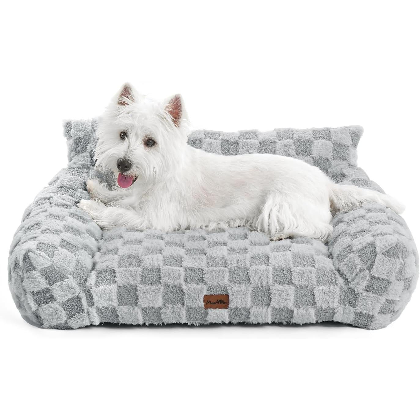 Medium Pet Sofa Bed with Sage Green Plaid Cover - Made4Pets