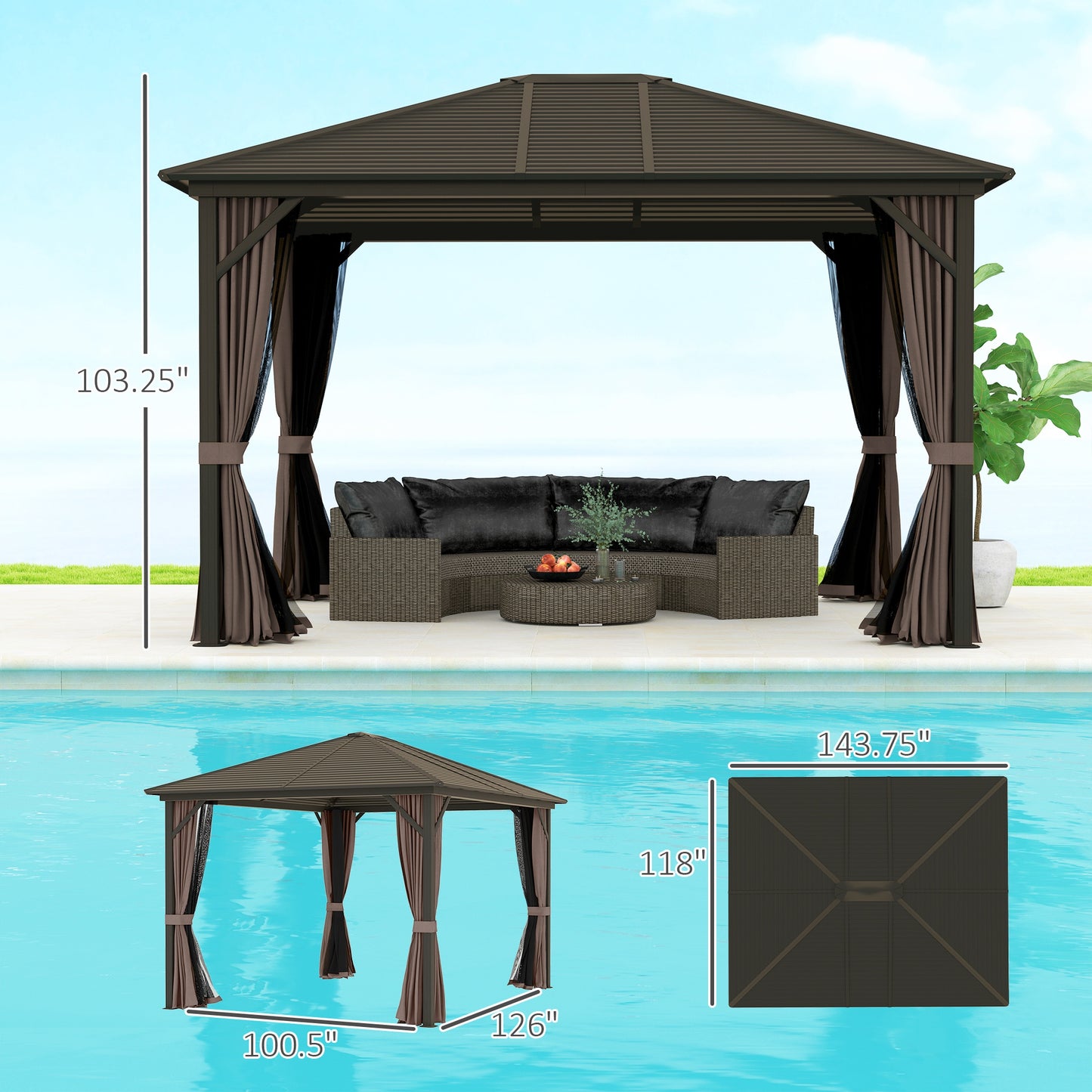12' x 10' Hardtop Gazebo with Curtains & Netting - Coffee