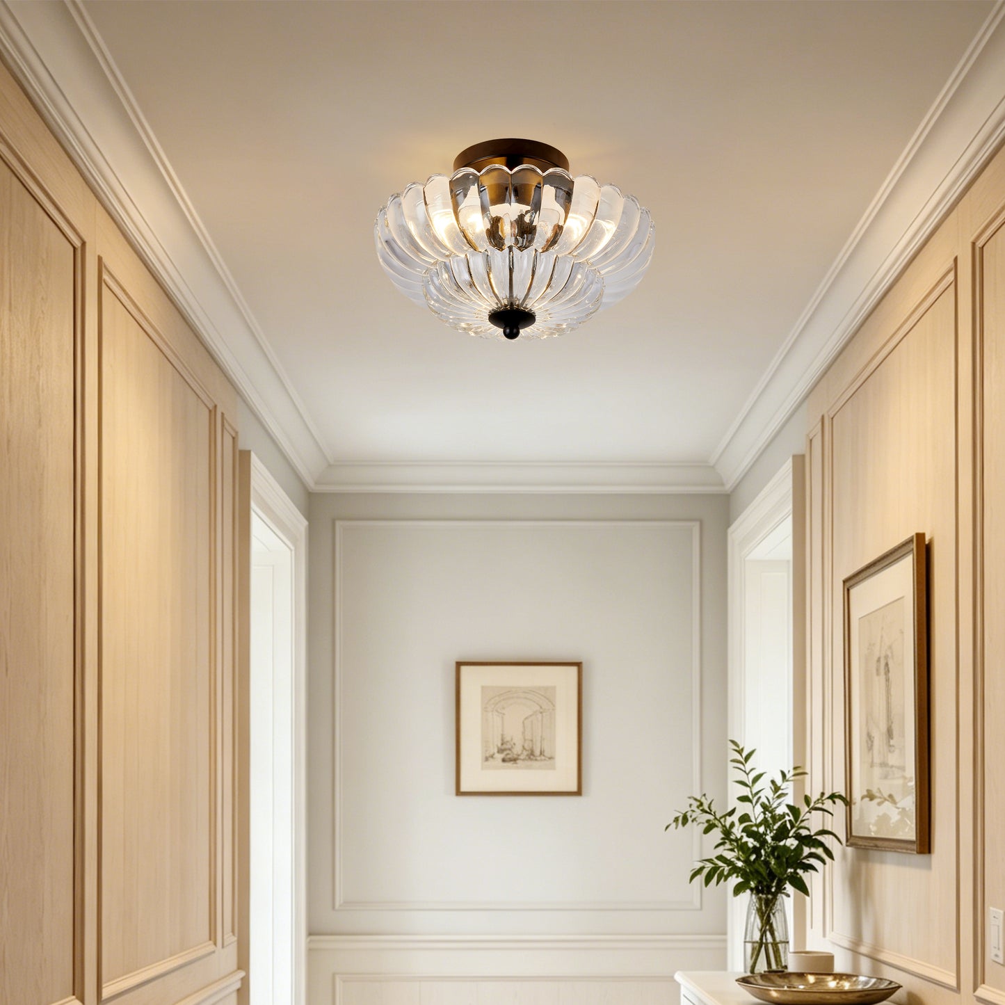 3-Bulb Semi Flush Mount Ceiling Light with Floral Glass Shades - Smoky Gray & Clear Variants