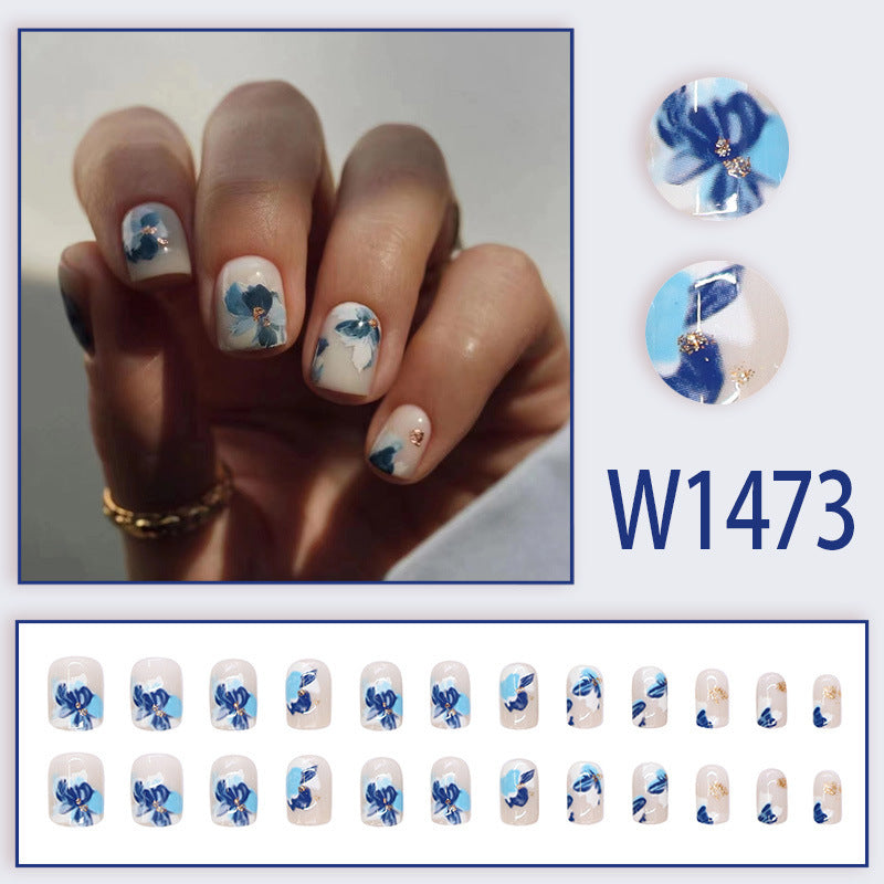 Blue Ombre Nail Art Kit with Adhesive Flowers for Women - Vintage Style