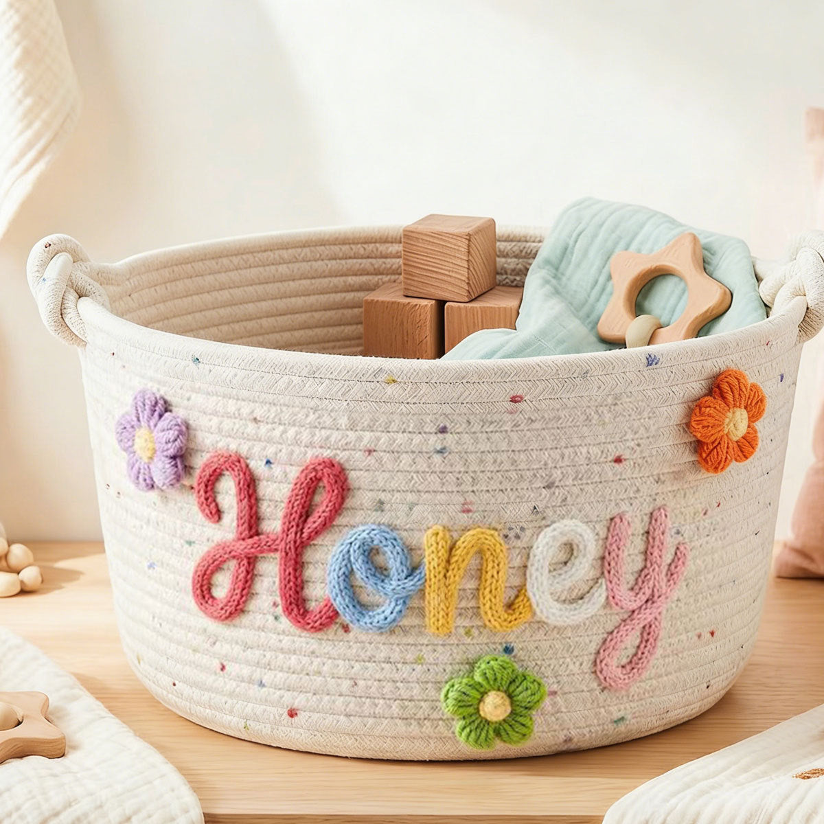 Letter Embroidery Style Cotton Rope Storage Basket - Home Organization