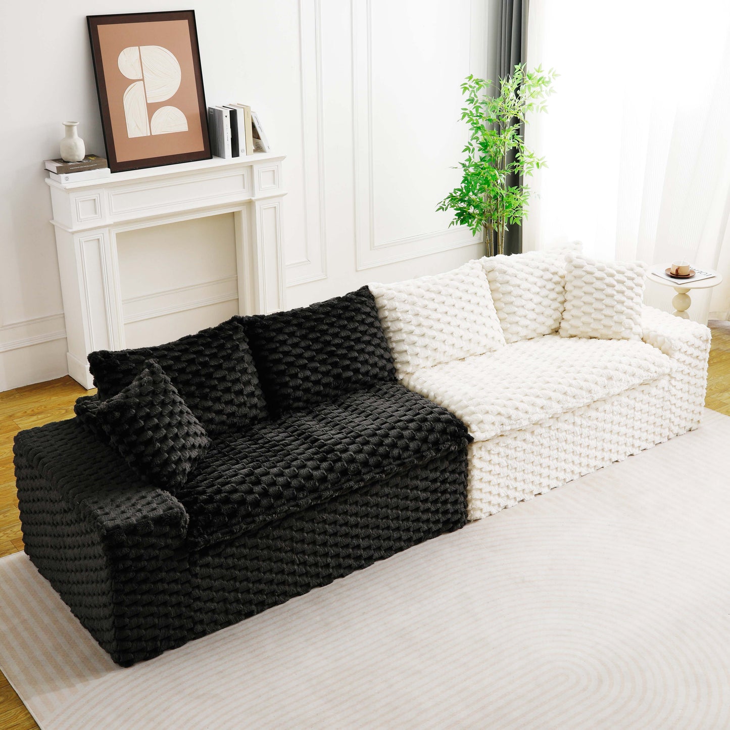 Multifunctional Color-Block Velvet Sofa - 4 Seats, White & Black