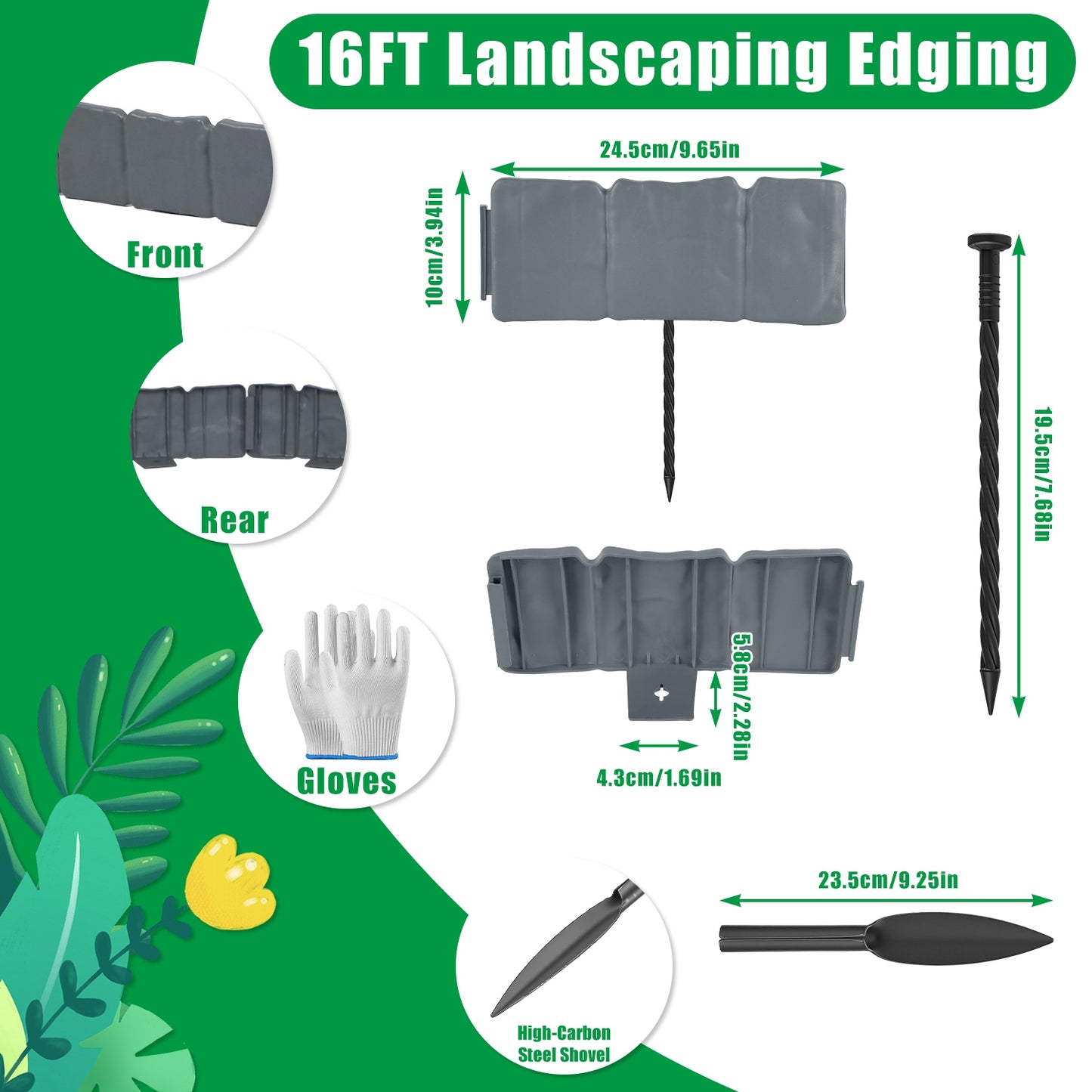 16ft Plastic Garden Edging Kit with 20 Interlocking Borders and Spikes - Flexible Lawn & Flower Bed Border