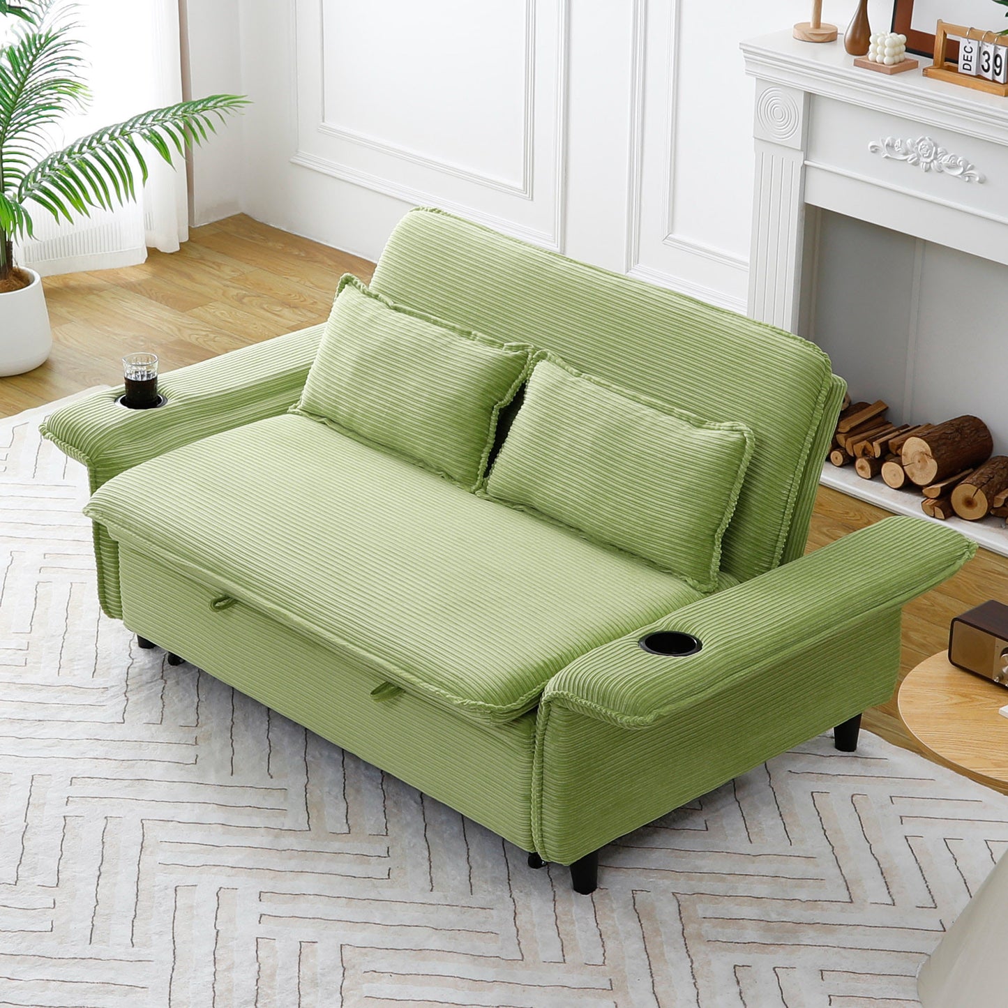 65.74-Inch Green Multi-Functional Sofa Bed with Adjustable Armrests