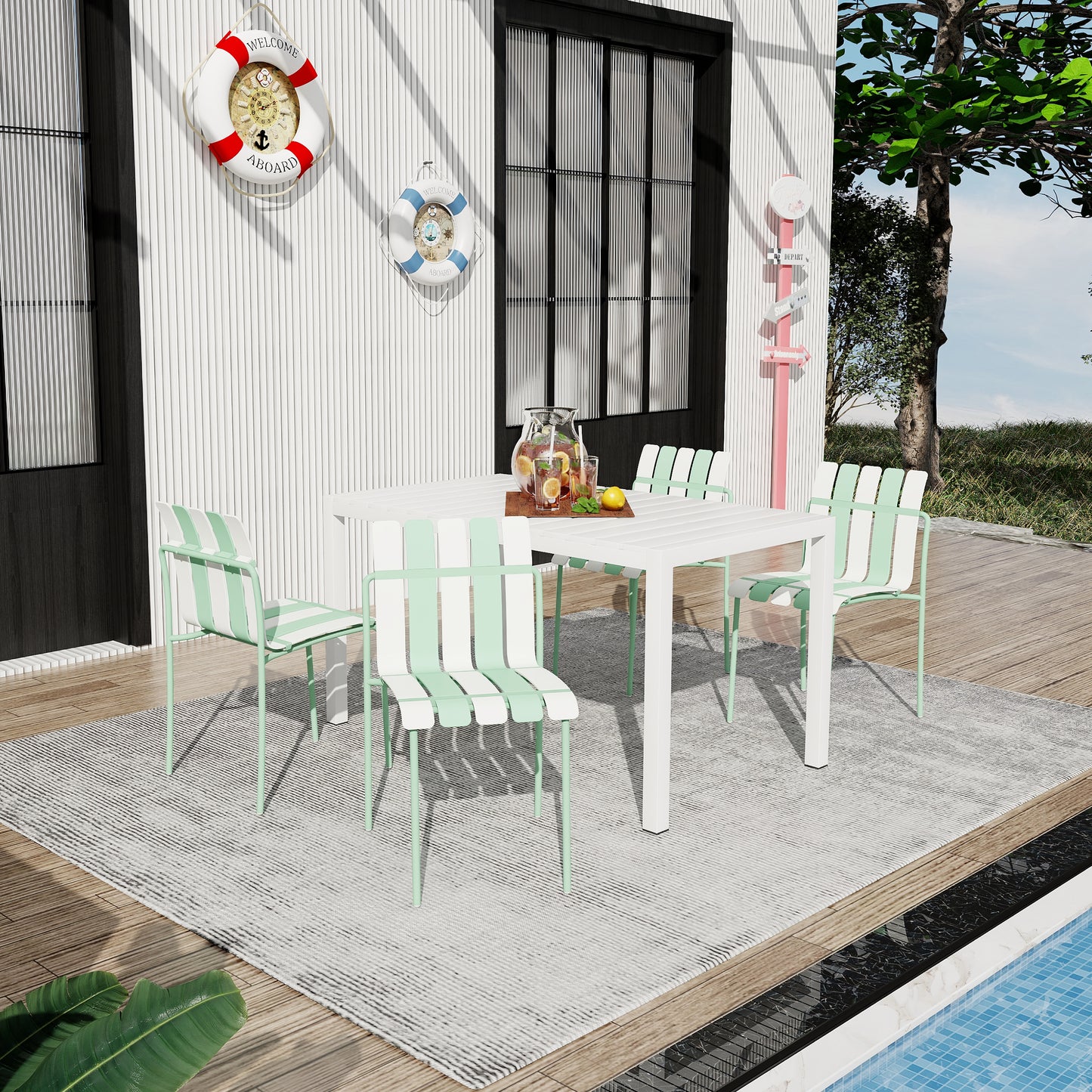 Modern Striped Color Block Dining Chairs - 4-Pack, Waterproof PP & Metal, Indoor/Outdoor Seating