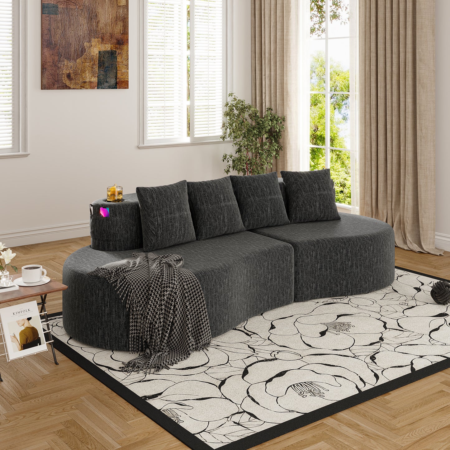 Modern Curved Sectional Sofa - 3 Seat Dark Gray Minimalist Design