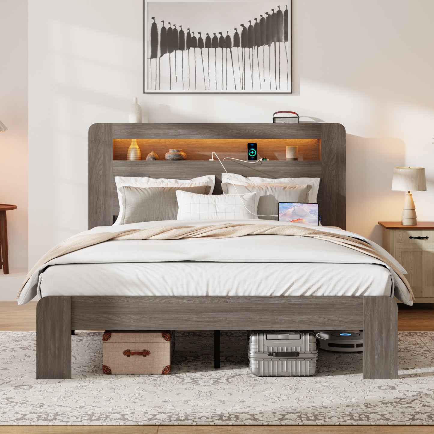 Queen Wood Bed Frame with LED Headboard, USB Ports & Storage