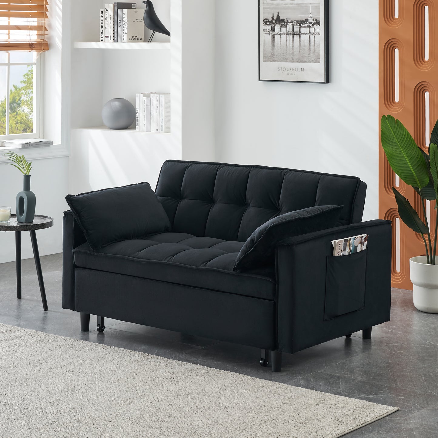Convertible Velvet Sofa Bed with Pockets - Black Love Seat