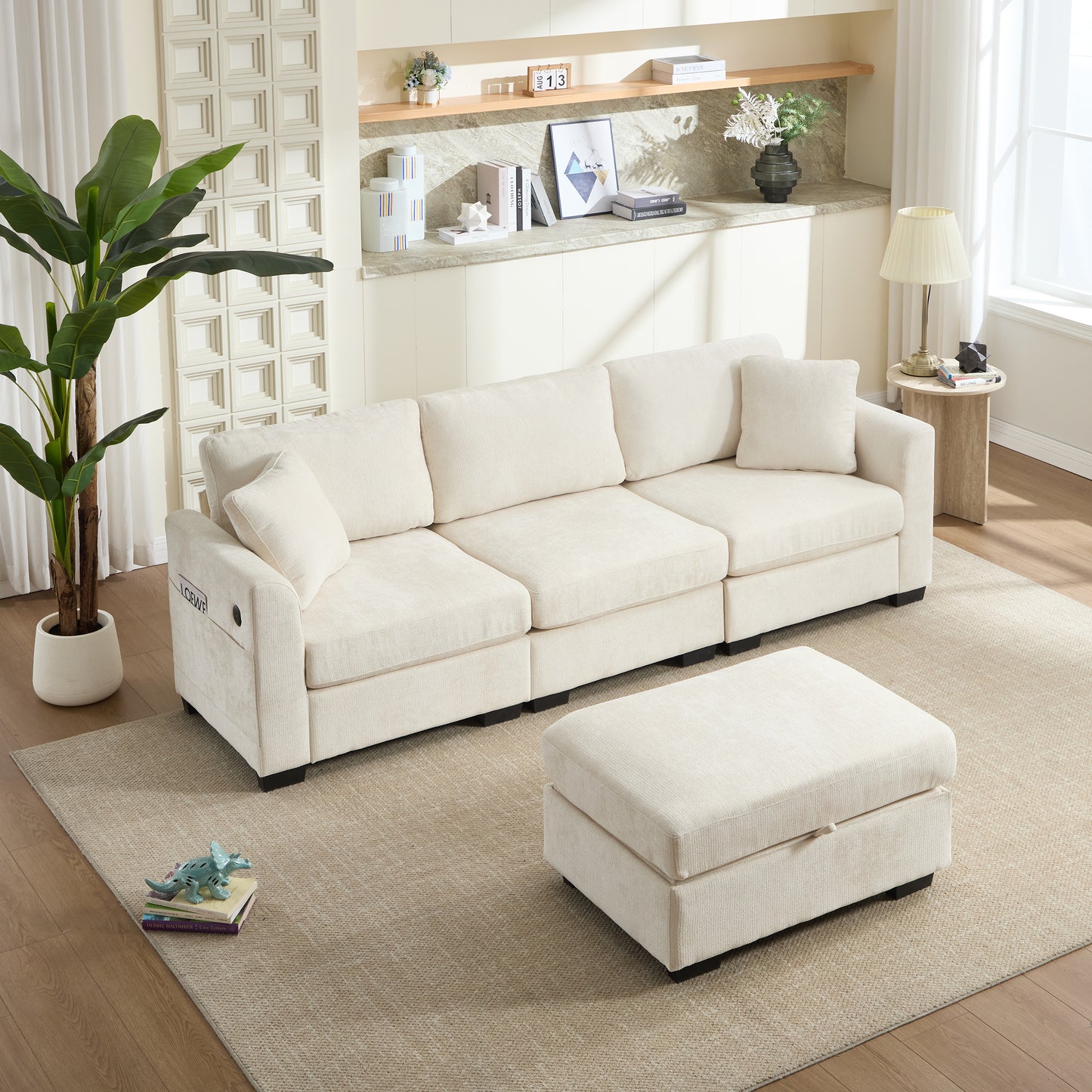 Oversized Modern Storage Sofa with USB Ports & Ottoman - Beige