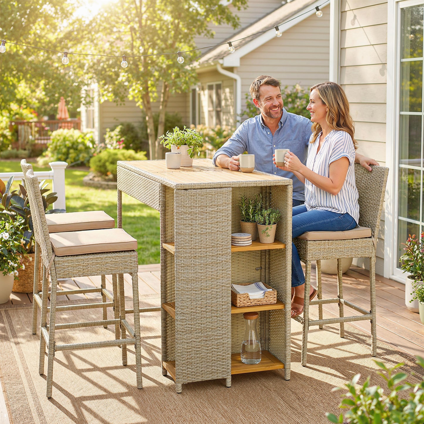 Outdoor Bar Set with Acacia Wood Table & 4 Chairs - Brown