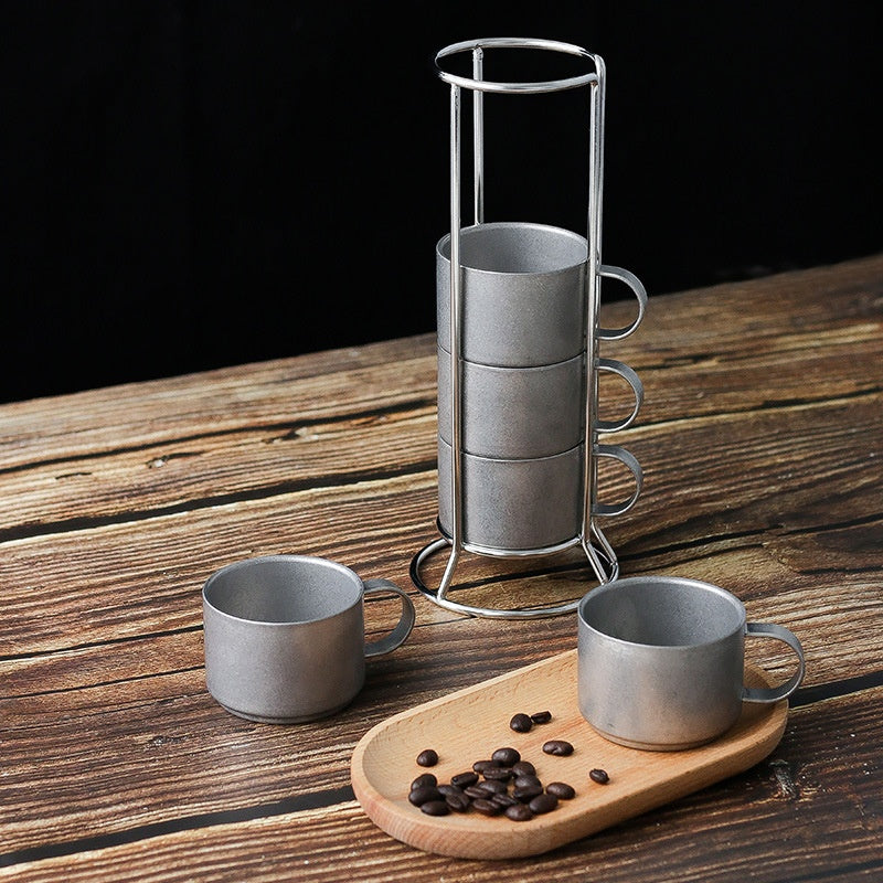 Outdoor Double-Deck Stainless Steel Coffee Cups Set with Storage Rack - Anti-Scald Insulated Drinkware