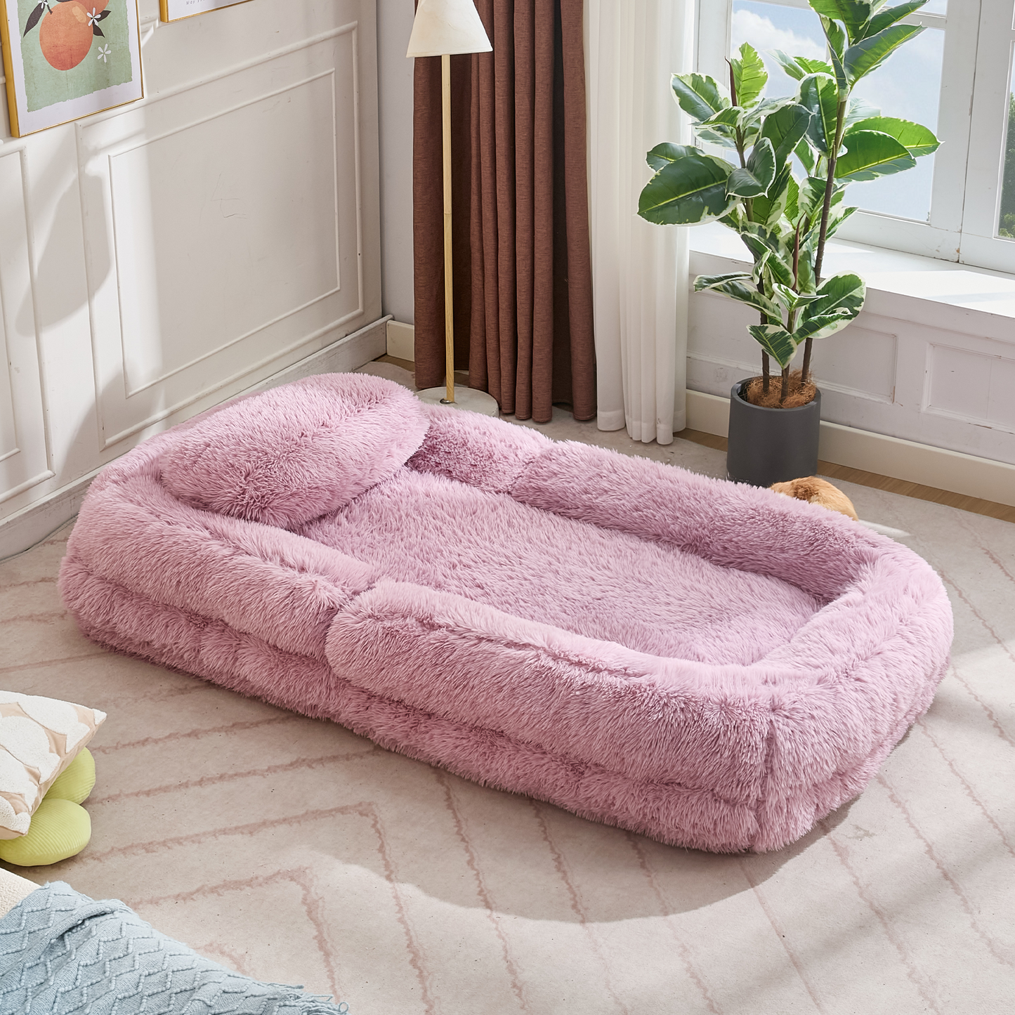 Adjustable Lazy Sofa Bed - Plush Fabric, Pink