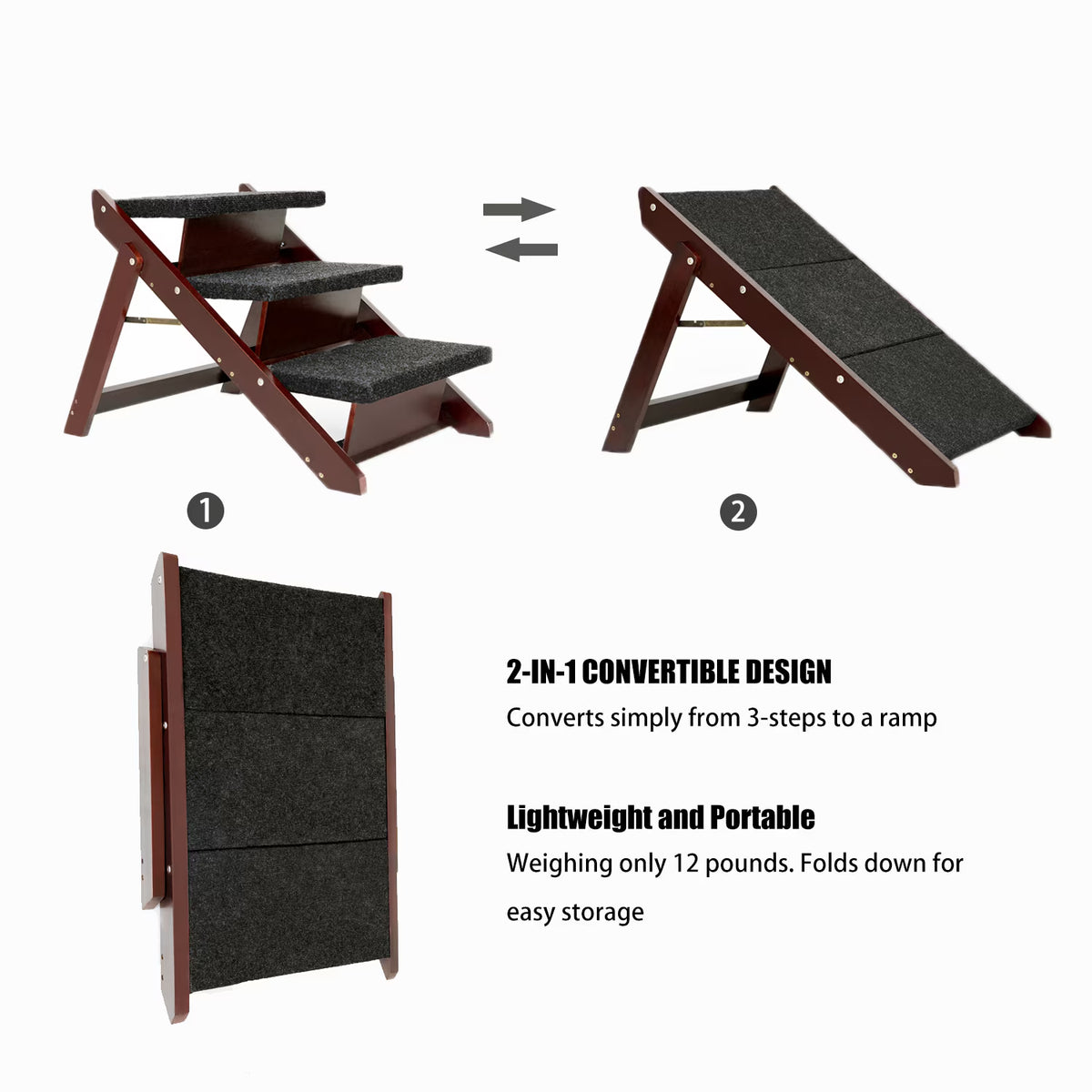 Foldable Wooden Dog Stairs & Ramp for Beds and Cars - Up to 110 lbs - Black or Brown