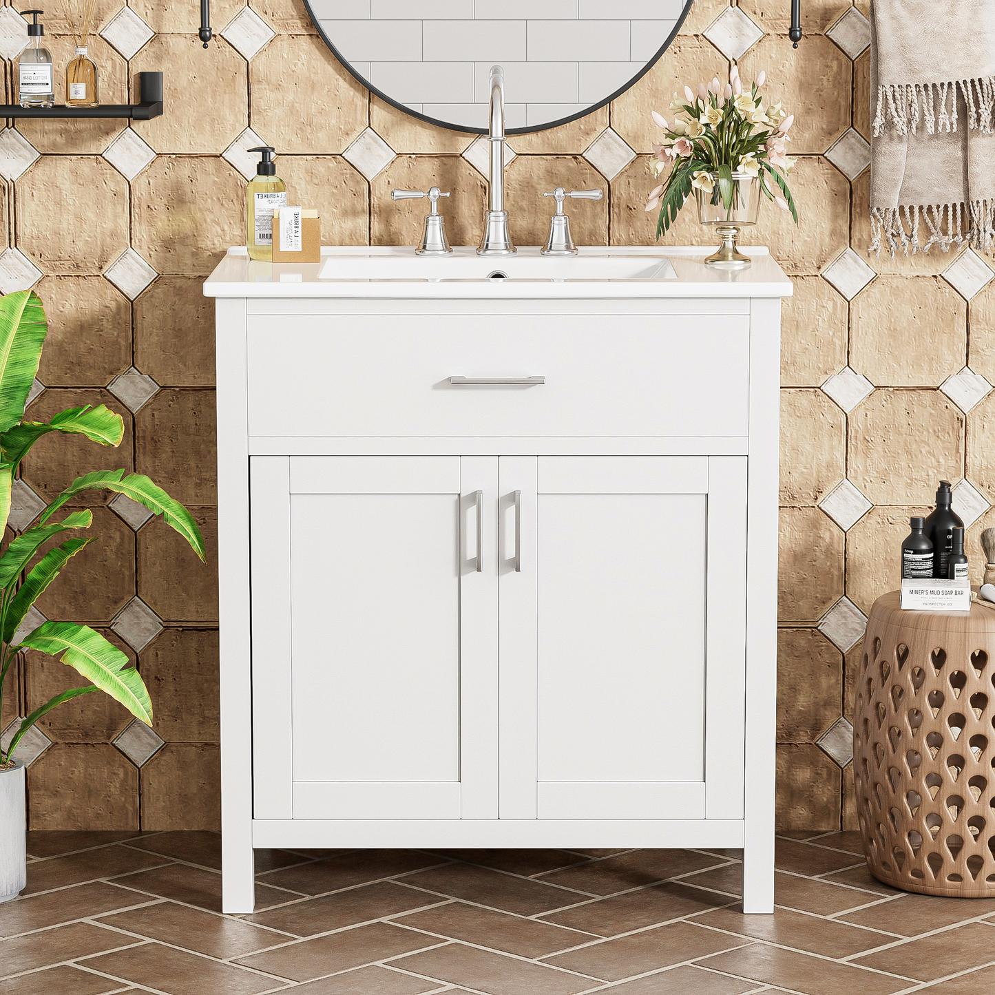 30-Inch Bathroom Vanity with Ceramic Sink & Ample Storage - White