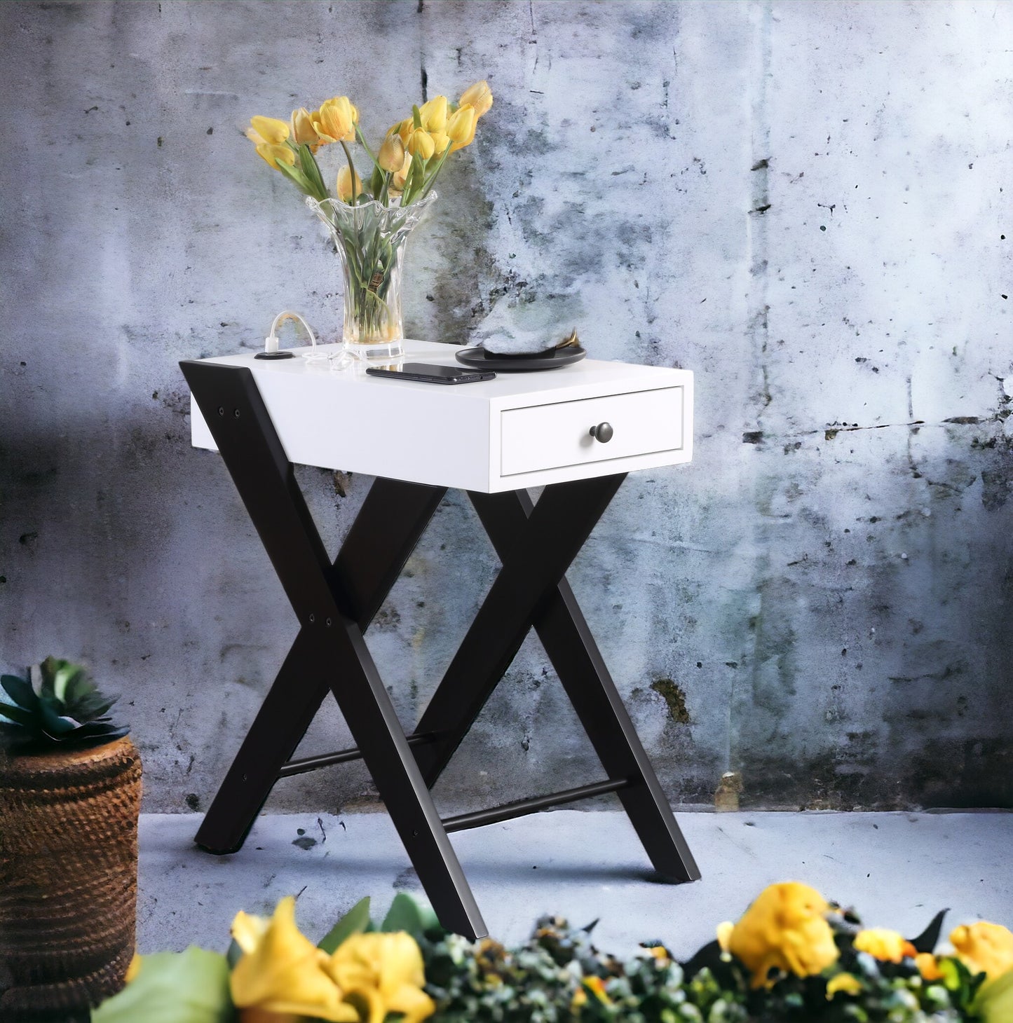 Fierce White and Black Accent Table with USB Port