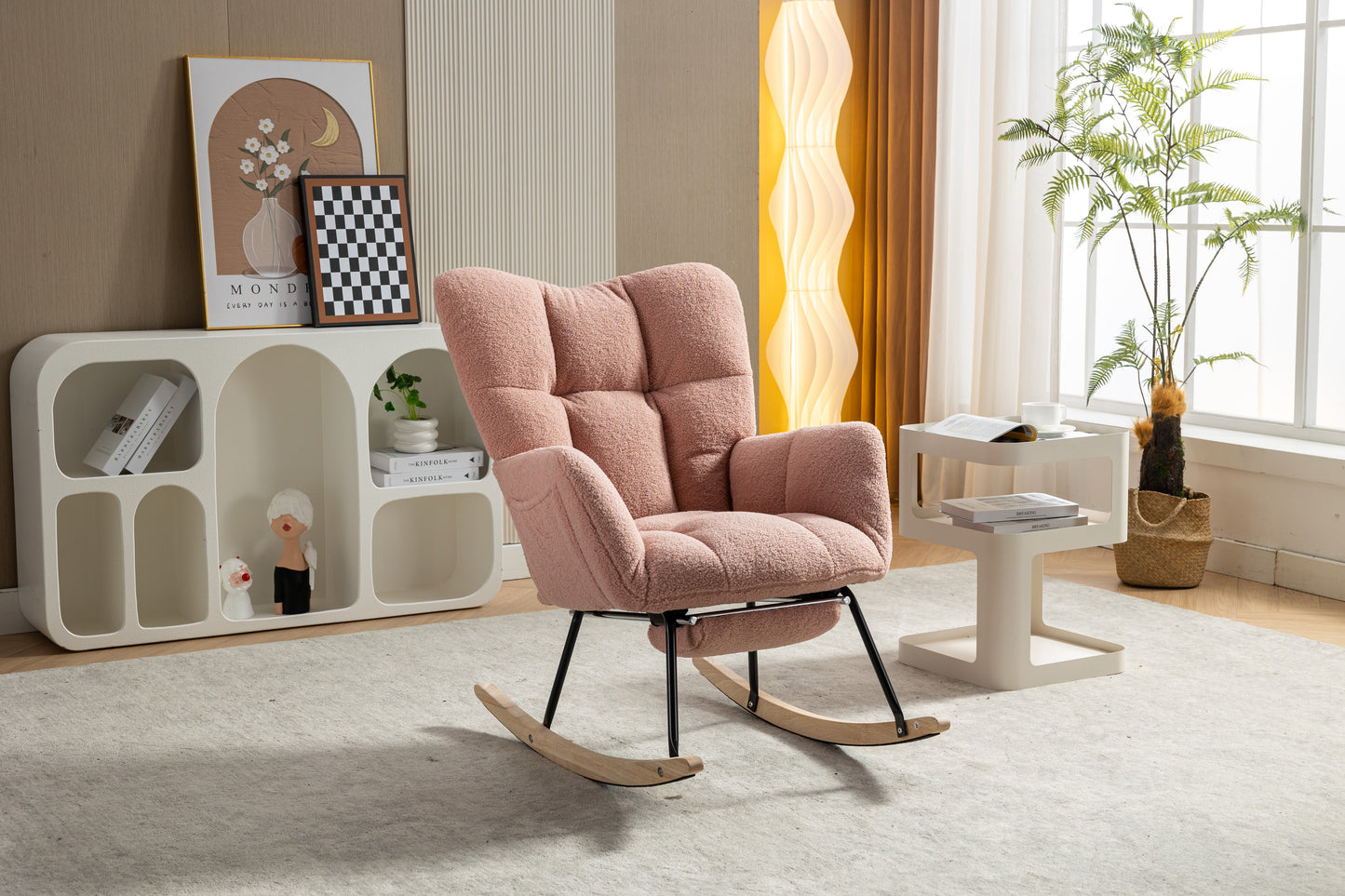 Pink Teddy Fabric Rocking Chair with Adjustable Footstool