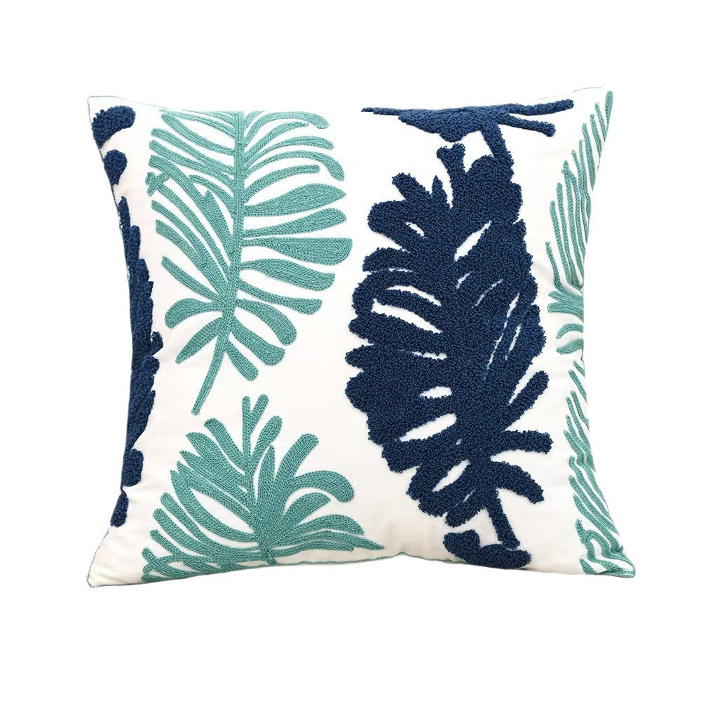 Tropical Leaf Throw Pillow - Green Boho Coastal Cushion with Embroidery