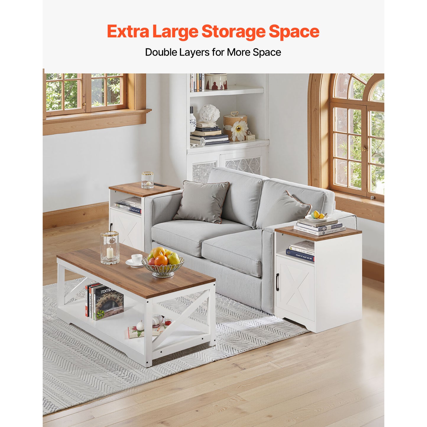 Farmhouse Coffee Table Set with 2 End Tables and Charging Station - 40 Inch Industrial Style, Easy Assembly for Living Room & Office