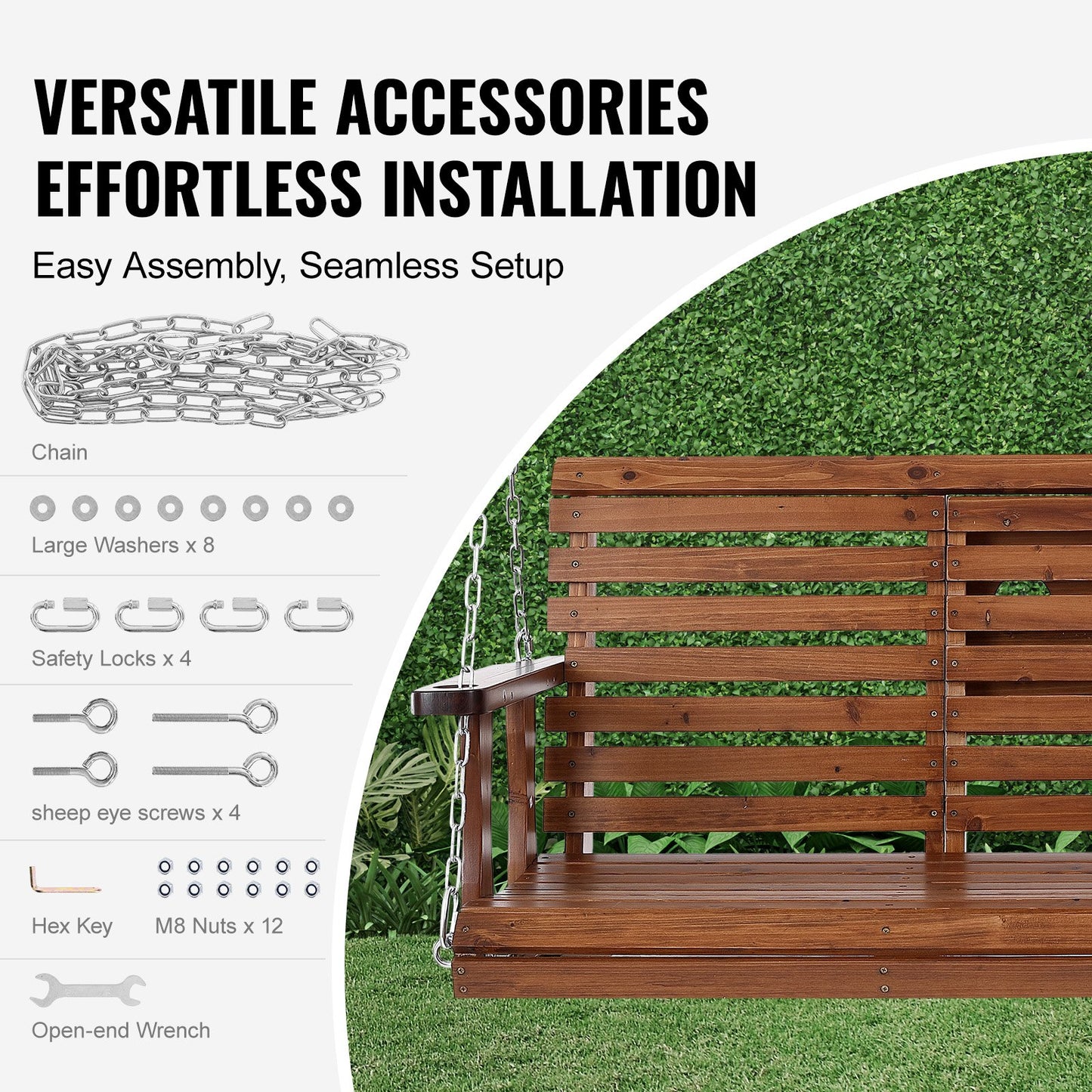 Wooden Porch Swing 5 Ft Heavy Duty Garden Swing Bench with Chains, Brown