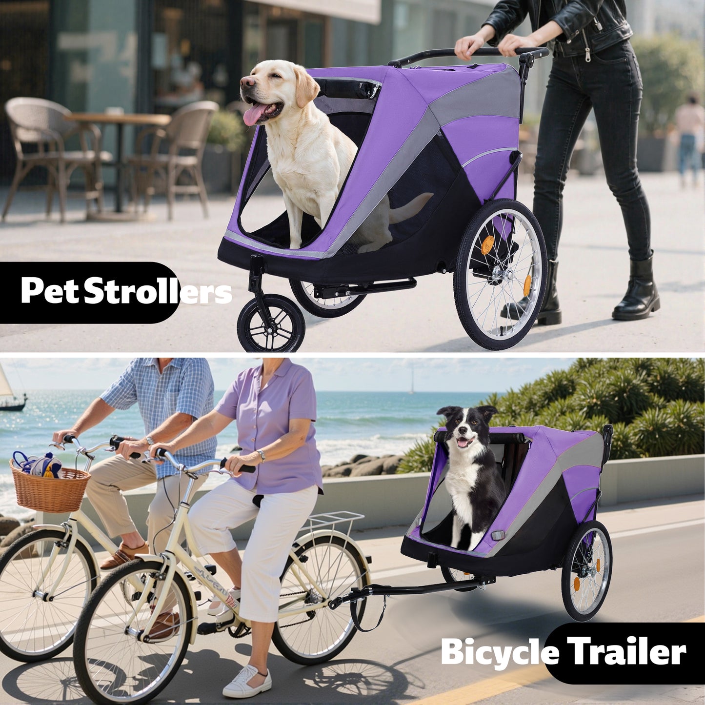 2-in-1 Pet Bike Trailer & Push Cart with Detachable Hitch - Holds Up to 100 lbs