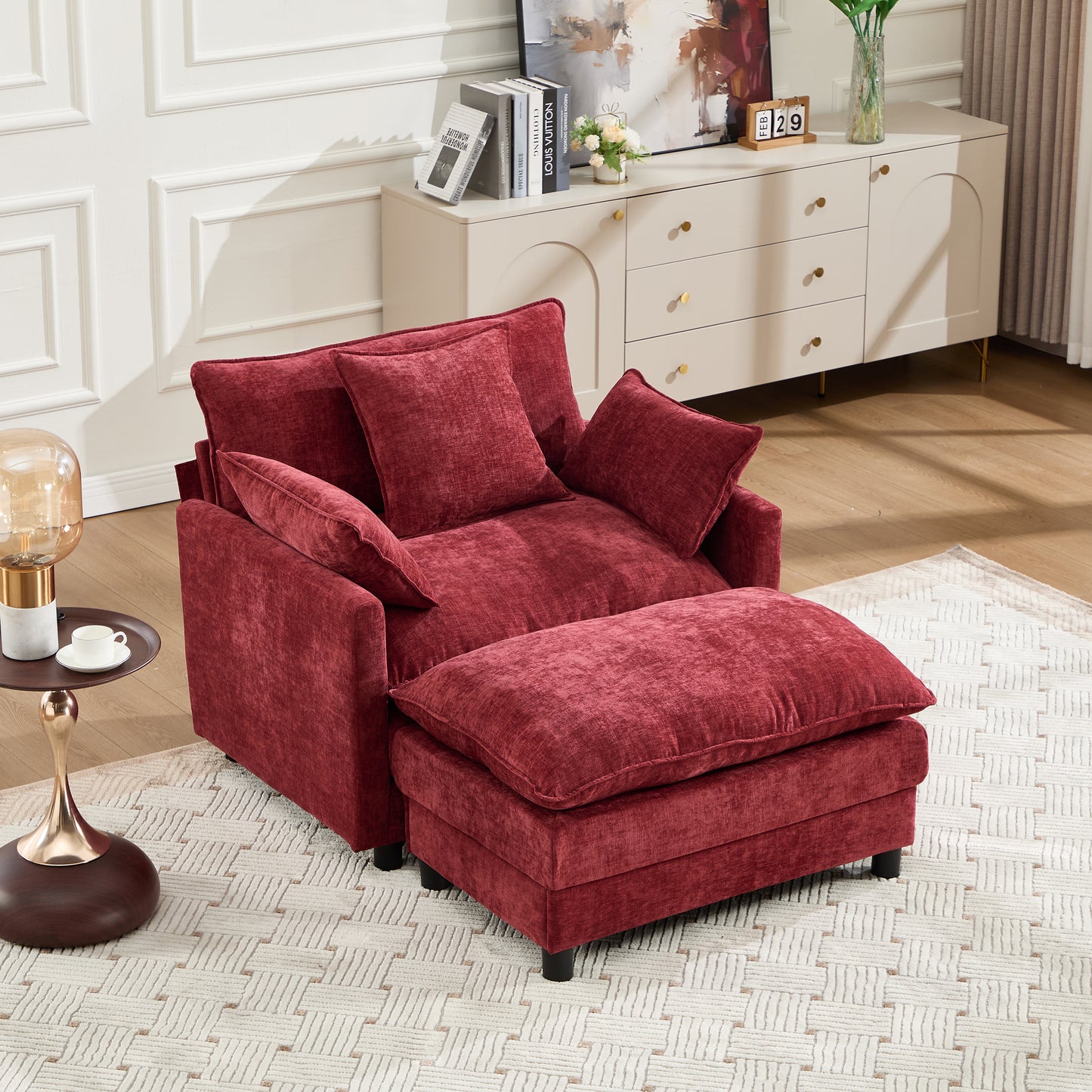 Modern Accent Chair with Ottoman - Wine Red Chenille Upholstery