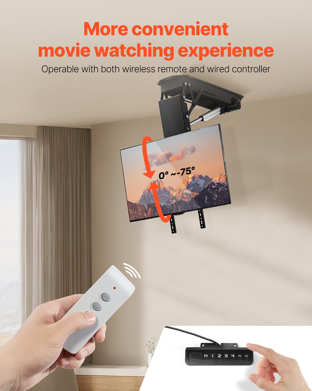 Motorized Ceiling TV Mount for 32-70 Inch TVs - Adjustable Height