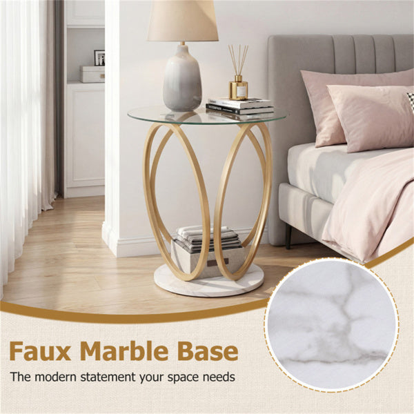 Modern 2-Tier Side Table With Tempered Glass Top & Faux Marble Base,