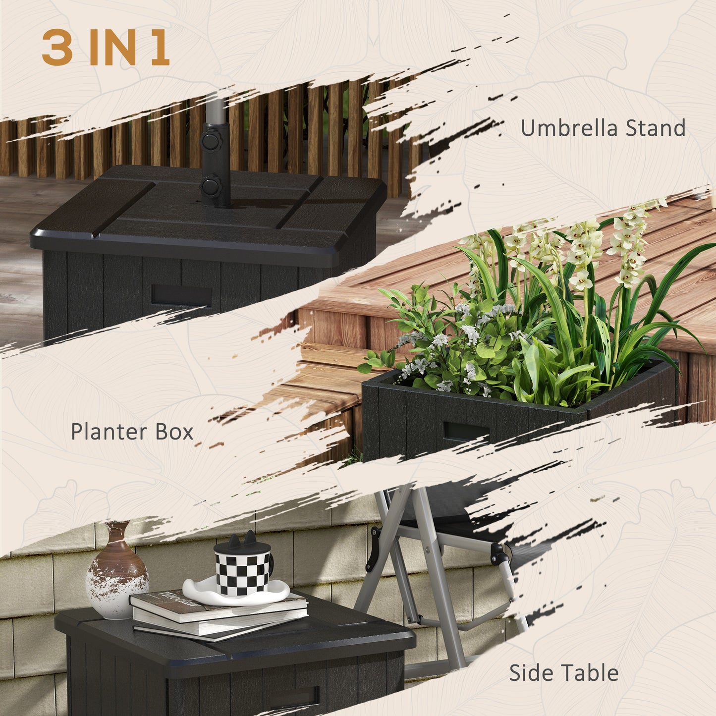 3-in-1 Outdoor Umbrella Base with Wheels, End Table & Planter - Black