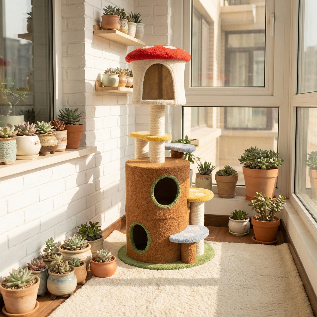 Large Mushroom Cat Tree with Condo, Platform & Ladder - Multi-Level Play & Rest