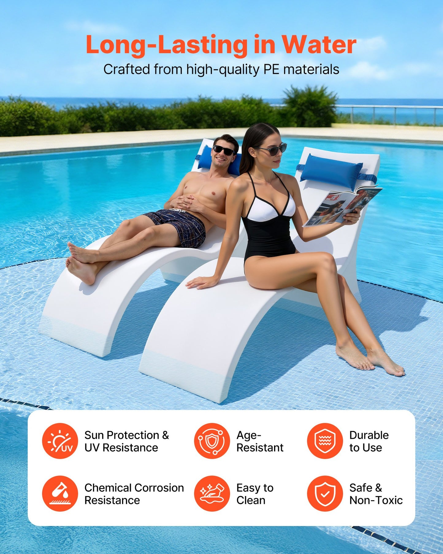 Water Weighted Pool Lounge Chairs Set of 2 with Headrest for Sun Shelf & Tanning Ledge