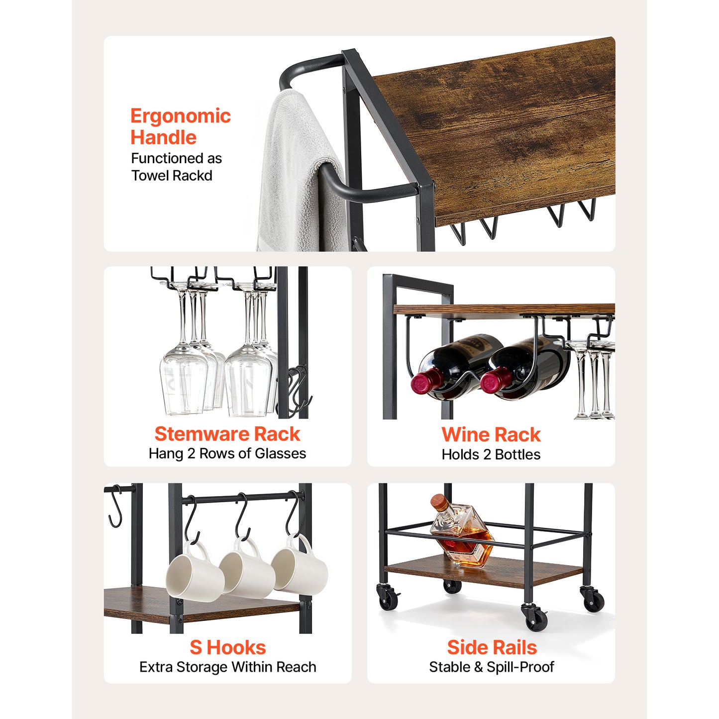 Bar Cart 3-Tier Serving Cart with Wine Rack & Glass Holder - Rustic Brown & Black