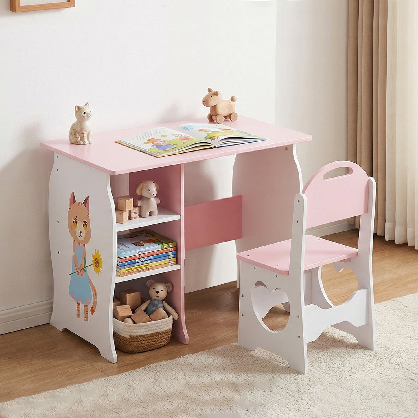 Kids Desk And Chair Set Children Study With Storage Shelf Wooden