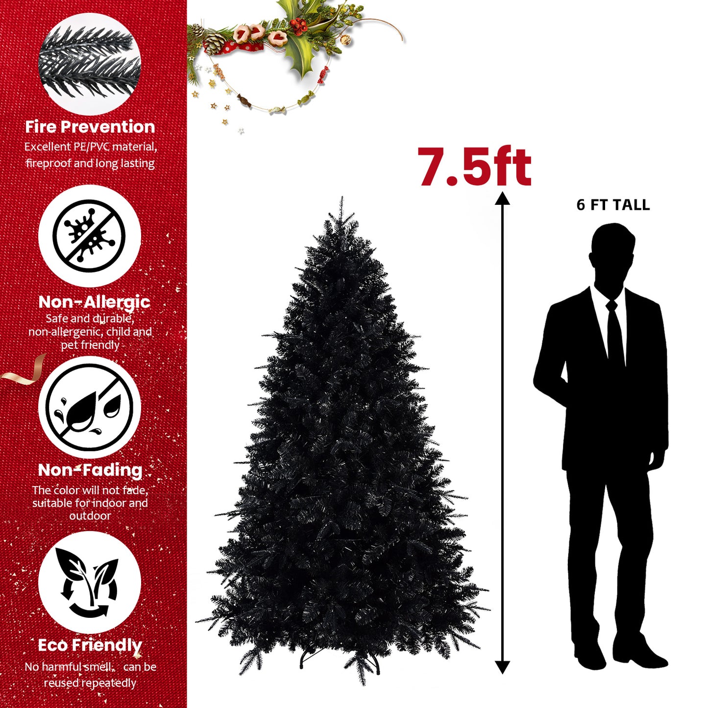 Prelit Black Christmas Tree with White Lights - Multiple Heights