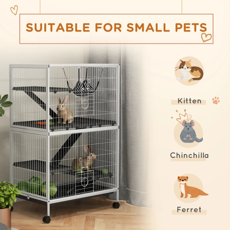 Small Animal Cage with Hammock - 4 Doors, Removable Tray, White