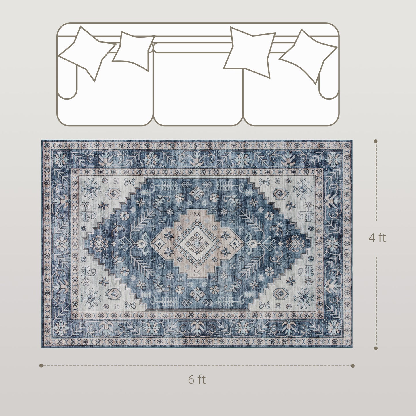 4x6 Vintage Washable Area Rug - Non-Slip Blue Carpet