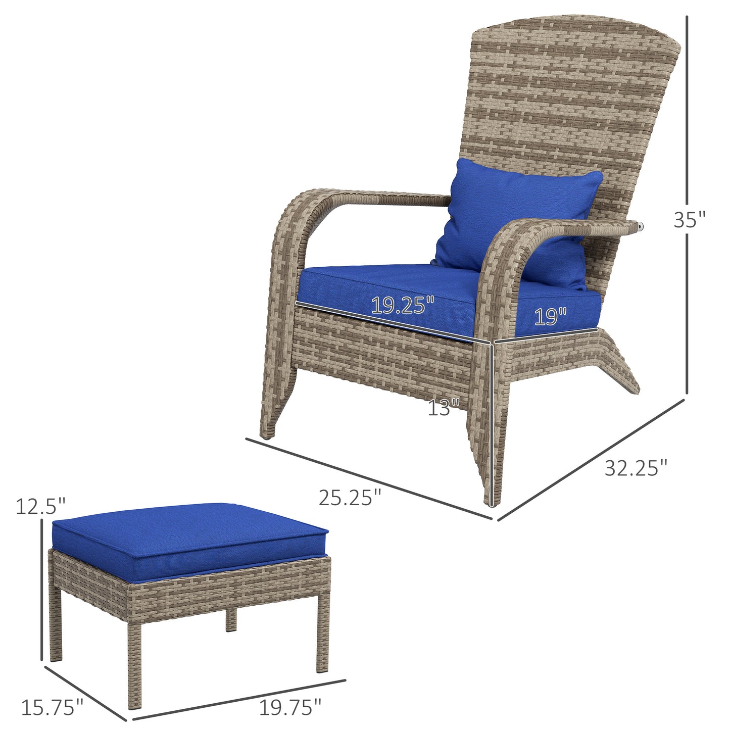Wicker Adirondack Chair with Ottoman & Cushions - Blue