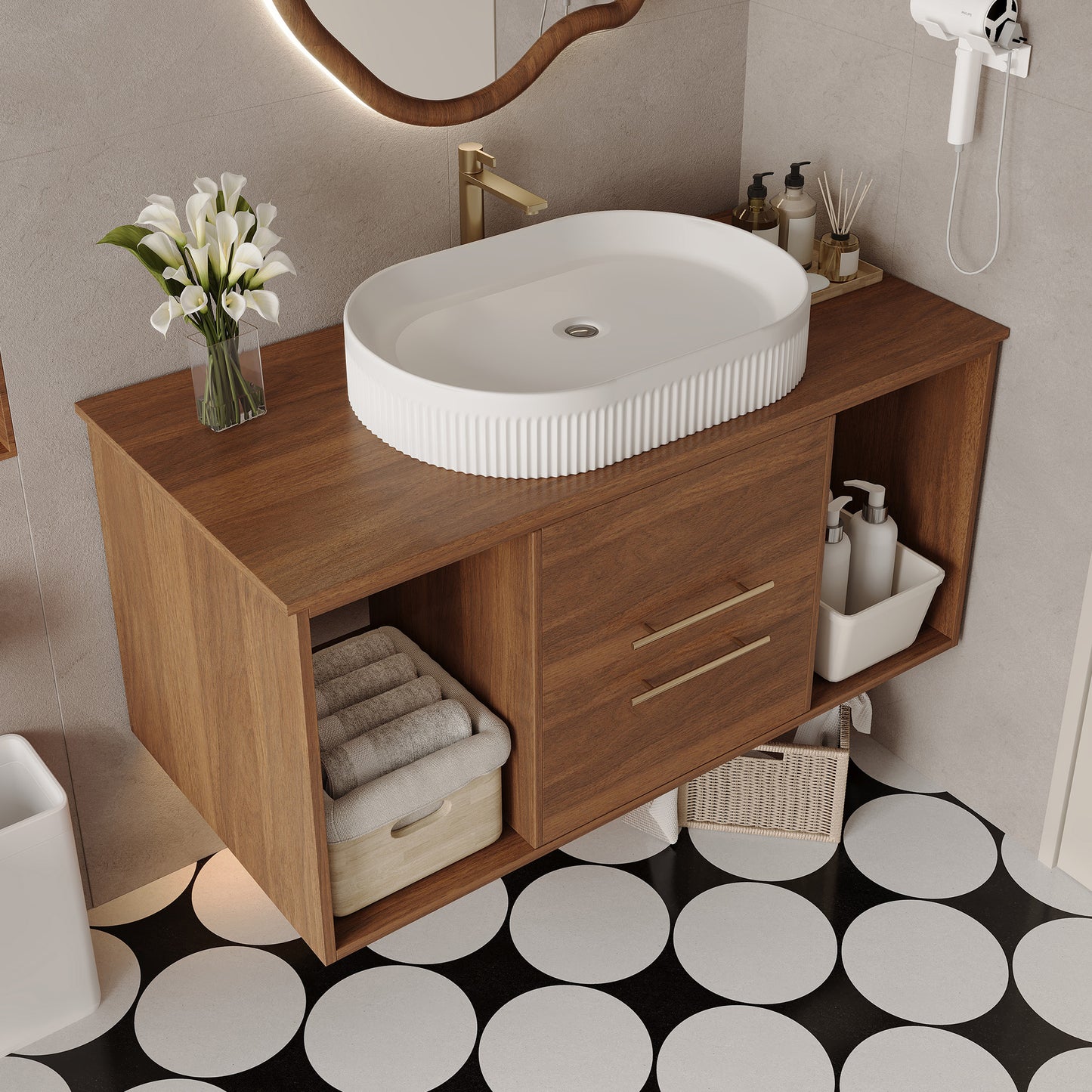 39.4" Wall-Mounted Bathroom Vanity with Oval Sink - White & Walnut