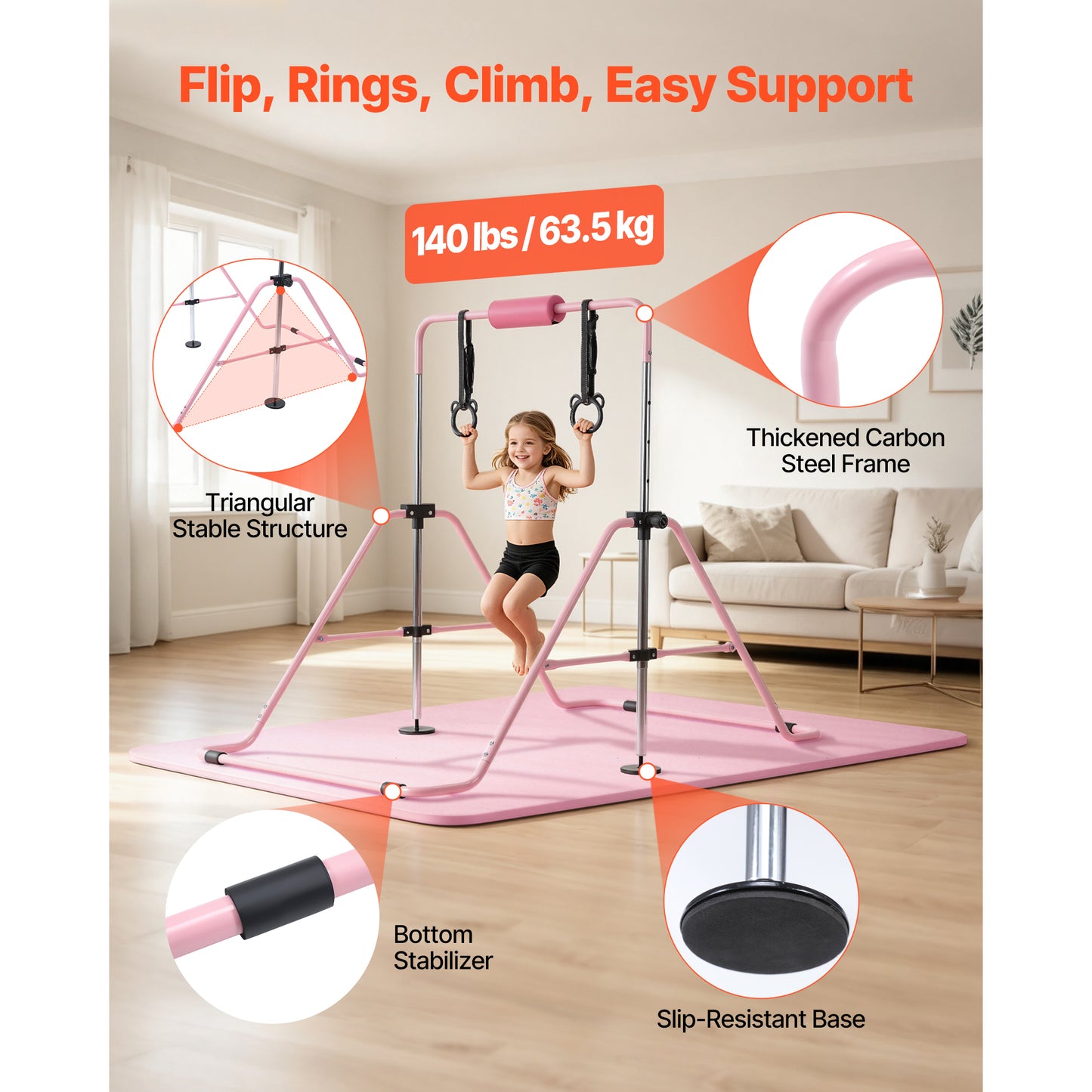 Kids Gymnastics Bars - Adjustable Folding Kip Bar with Mat, Indoor Outdoor Training Equipment, Pink