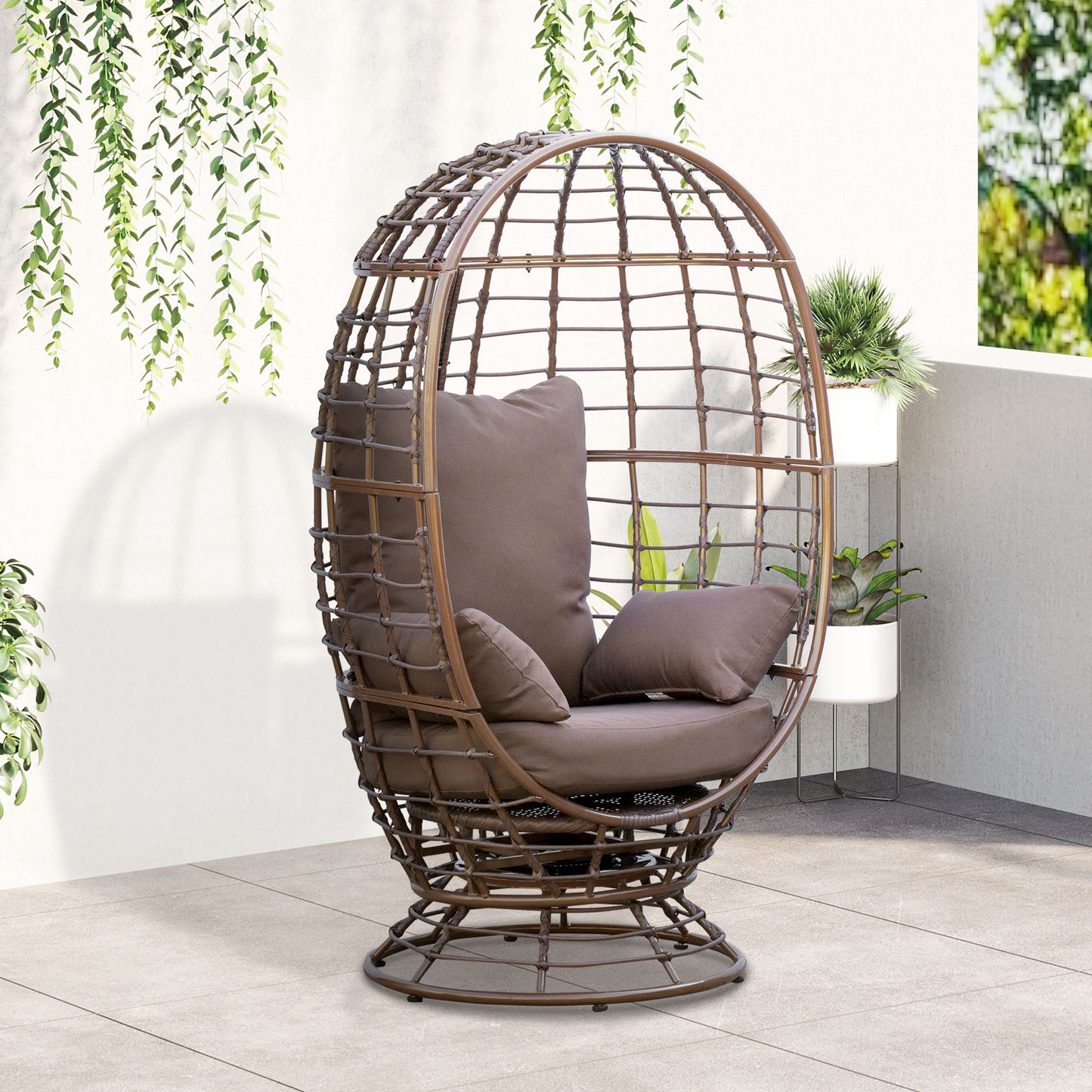360° Rotating Wicker Egg Chair - All-Weather Brown Rattan Seat